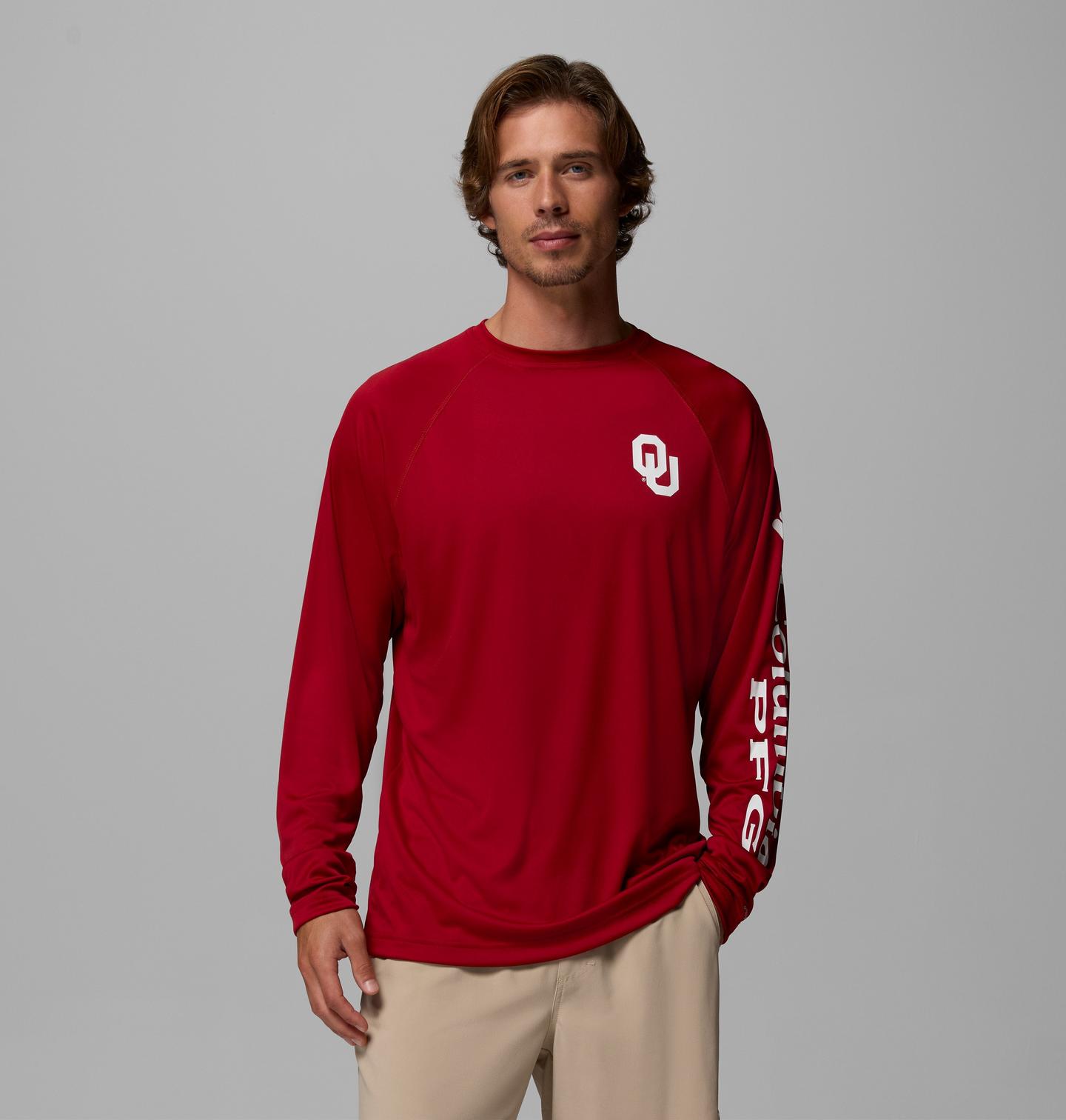 Мужская рубашка Columbia Collegiate PFG Terminal Tackle Long Sleeve Shirt - Tall - Oklahoma, цвет: Красный / Белый — фото 1