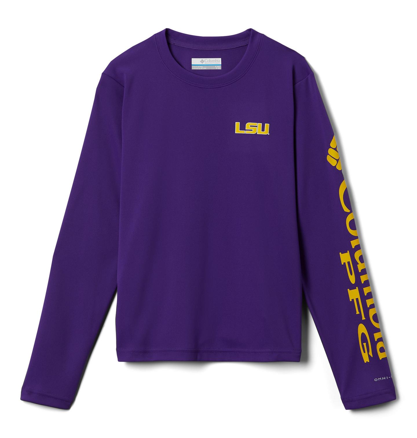 Детская рубашка Columbia Collegiate PFG Terminal Tackle Long Sleeve Shirt - LSU, цвет: Фиолетовый / Жёлтый — фото 1