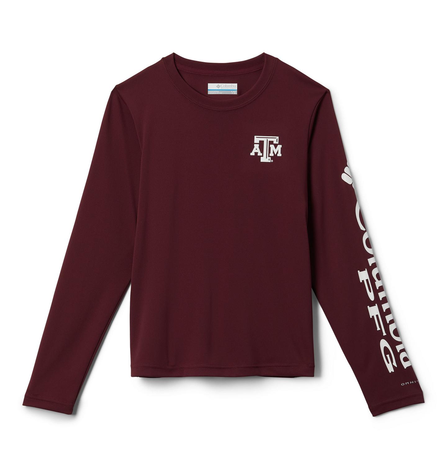 Детская рубашка Columbia Collegiate PFG Terminal Tackle Long Sleeve Shirt - Texas A&M, цвет: Бордовый / Белый — фото 1
