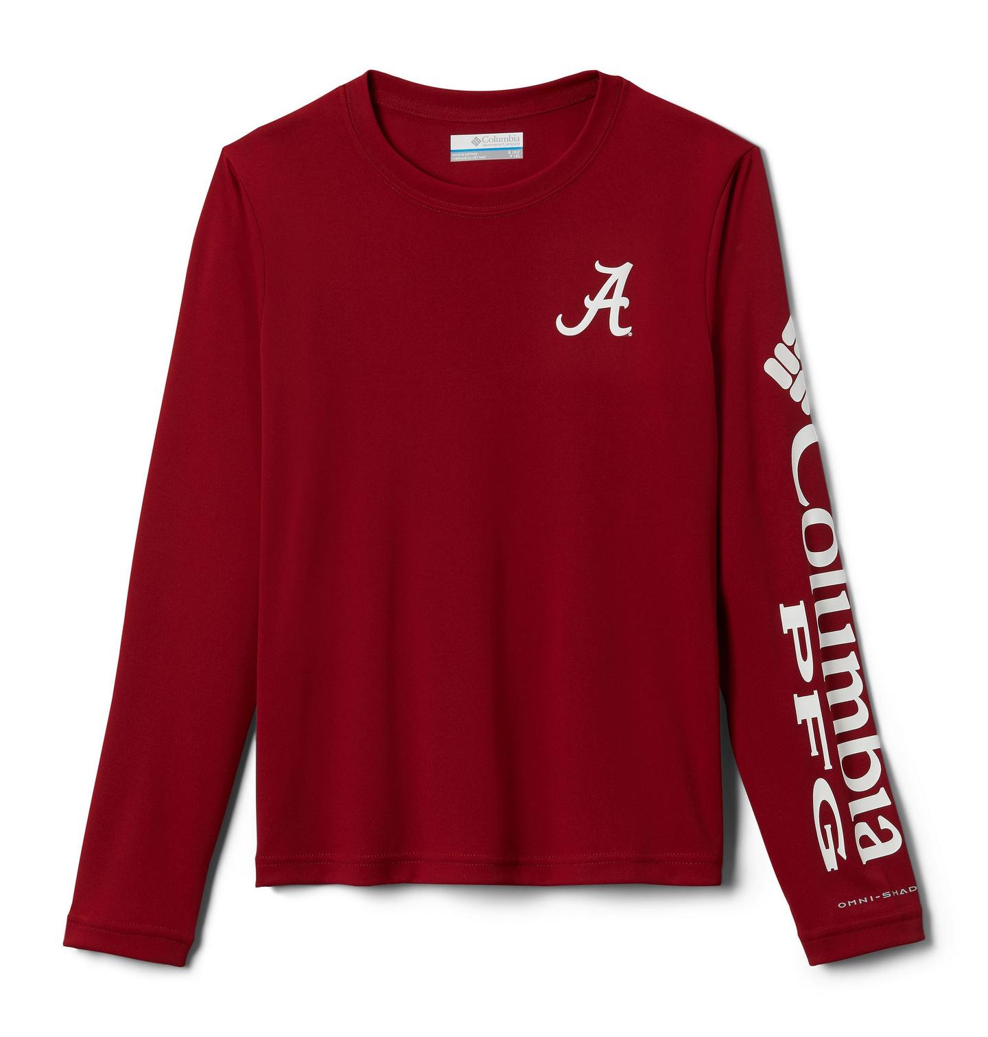 Детская рубашка Columbia Collegiate PFG Terminal Tackle Long Sleeve Shirt - Alabama, цвет: Красный / Белый — фото 1