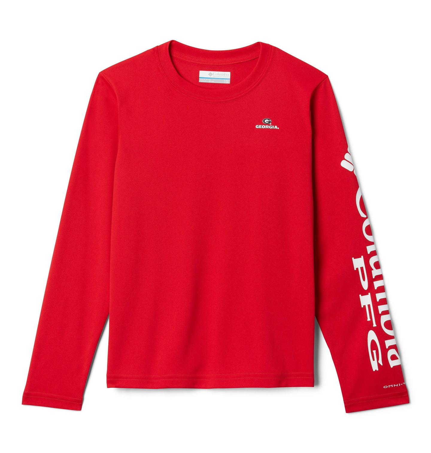 Детская рубашка Columbia Collegiate PFG Terminal Tackle Long Sleeve Shirt - Georgia, цвет: Красный / Белый — фото 1