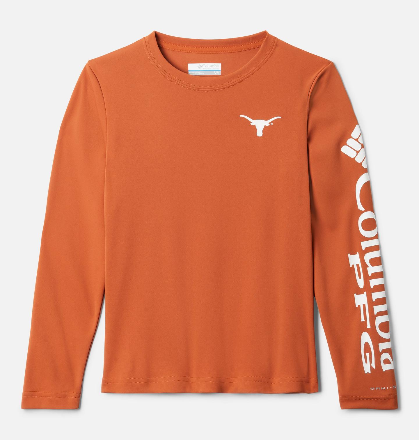 Детская рубашка Columbia Collegiate PFG Terminal Tackle Long Sleeve Shirt - Texas, цвет: Коричневый / Белый — фото 1