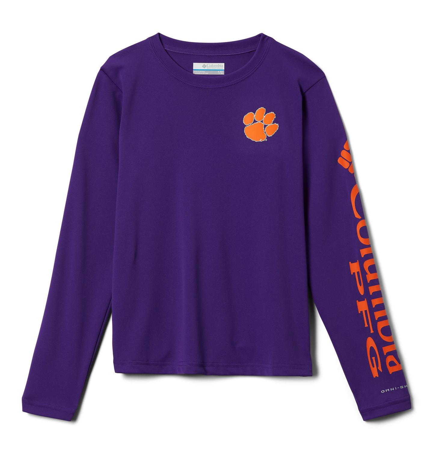 Детская рубашка Columbia Collegiate PFG Terminal Tackle Long Sleeve Shirt - Clemson, цвет: Фиолетовый / Оранжевый — фото 1