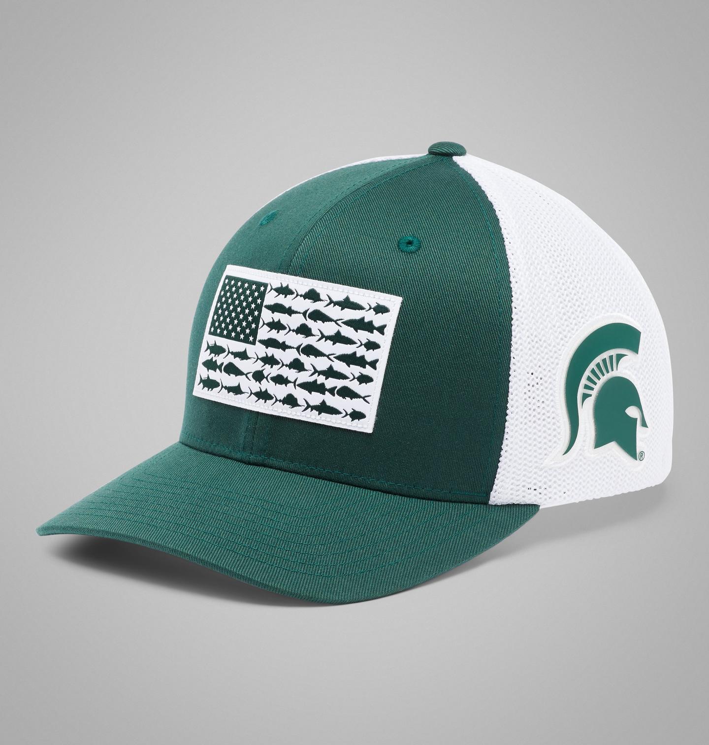 Мужская кепка Columbia PFG Mesh Fish Flag Ball - Michigan State, цвет: Еловый — фото 1