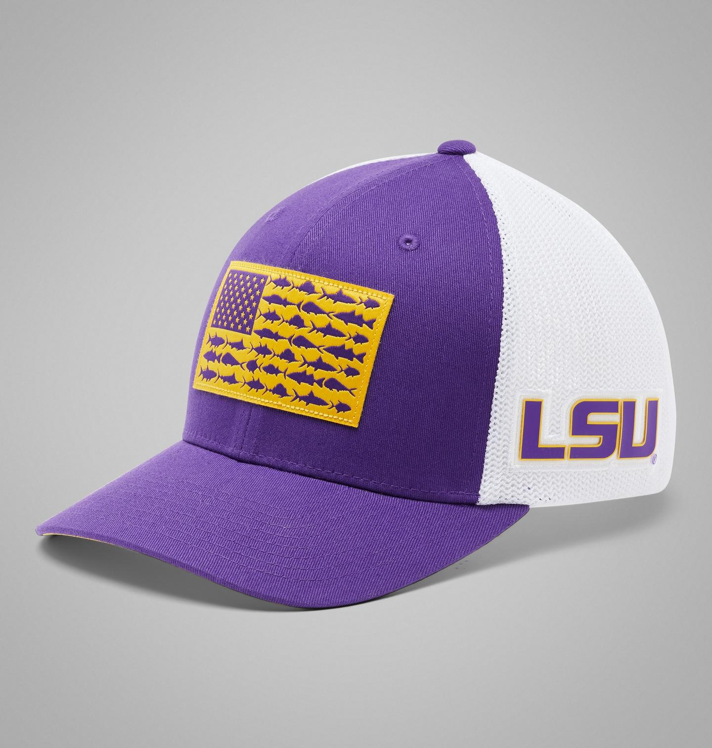 Мужская кепка Columbia PFG Mesh Fish Flag Ball - LSU, цвет: Яркий фиолетовый — фото 1