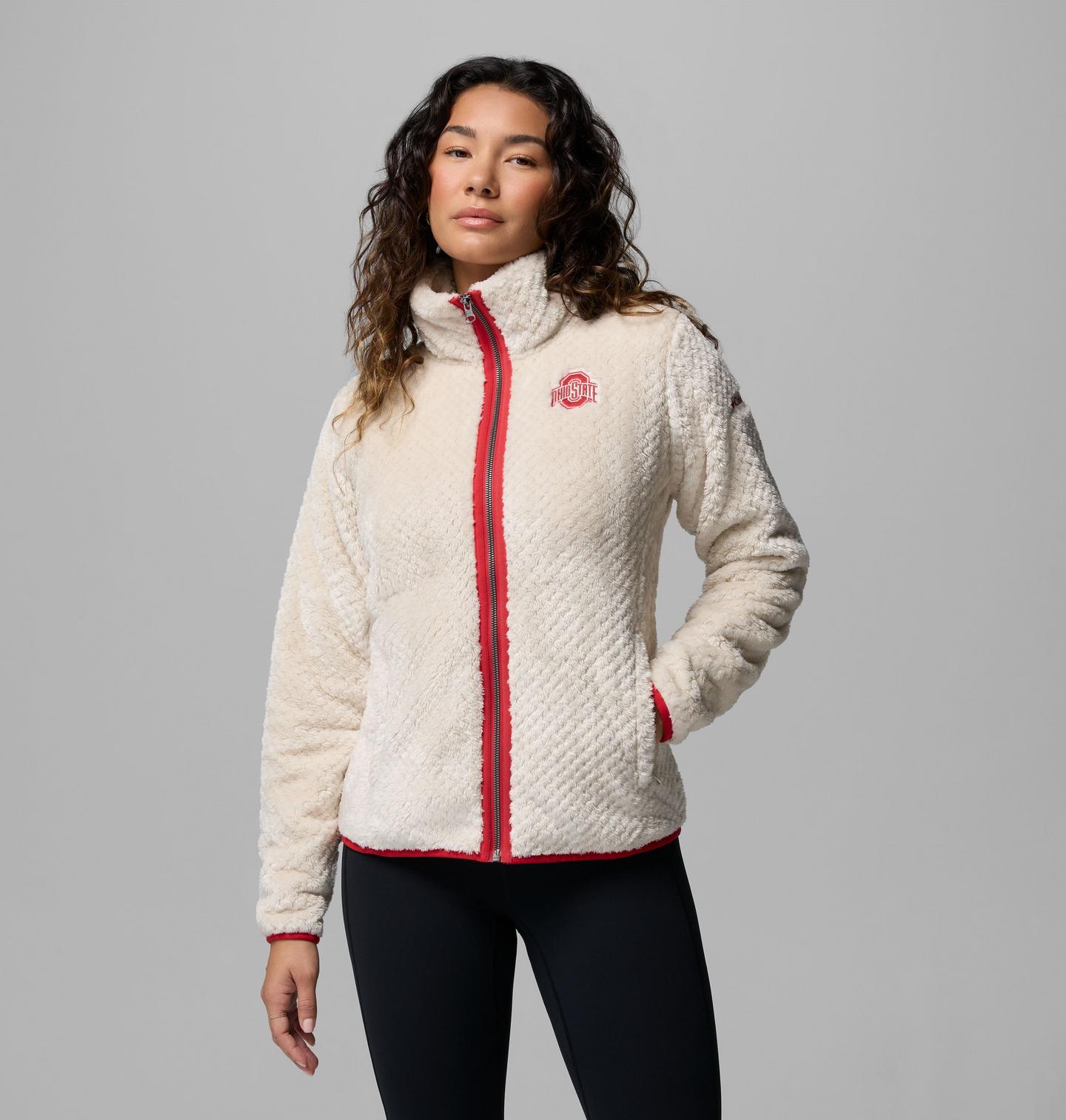 Женская флисовая куртка Columbia Collegiate Fire Side II из шерпы, Ohio State, цвет: Серо-бежевый — фото 1