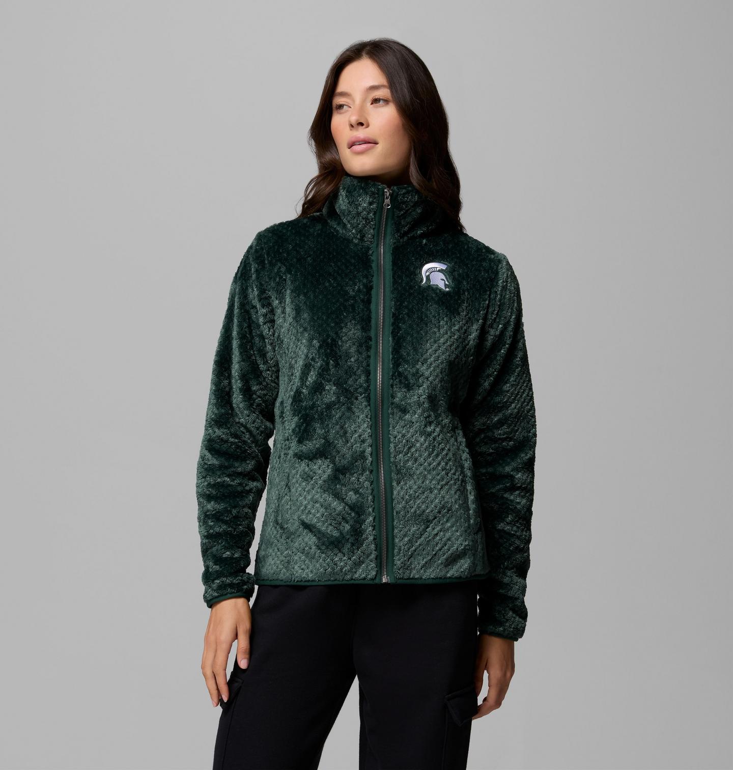 Женская флисовая куртка Columbia Collegiate Fire Side II из шерпы, Michigan State, цвет: Еловый — фото 1