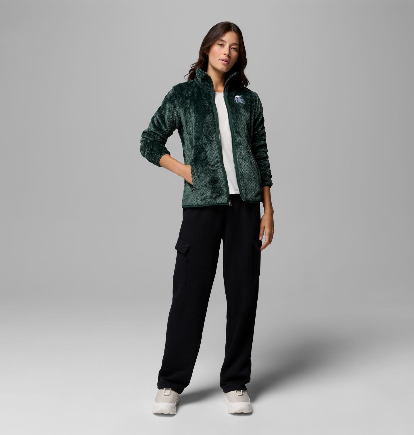 Женская флисовая куртка Columbia Collegiate Fire Side II из шерпы, Michigan State, цвет: Еловый — фото 2