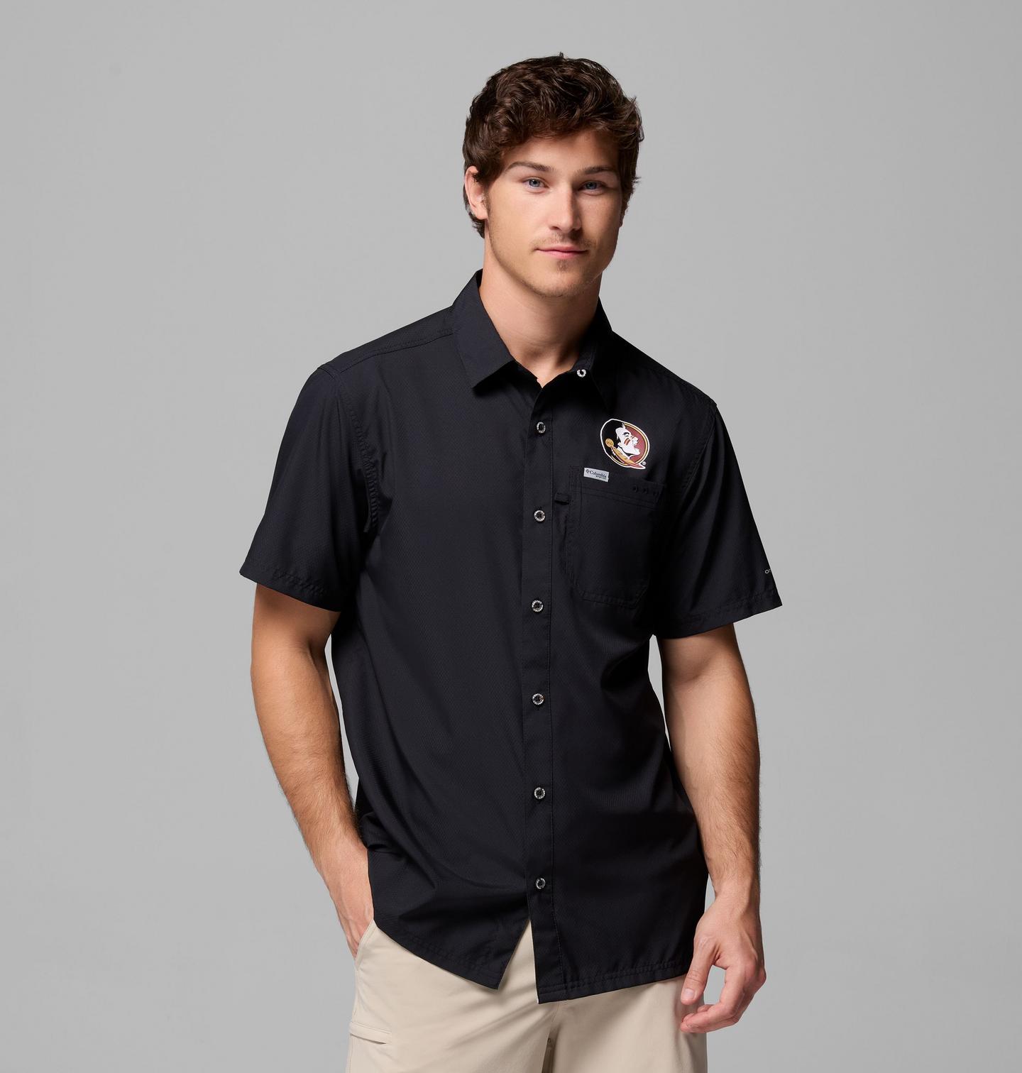 Мужская рубашка Columbia Collegiate PFG Slack Tide Camp Shirt - Florida State, цвет: Чёрный — фото 1