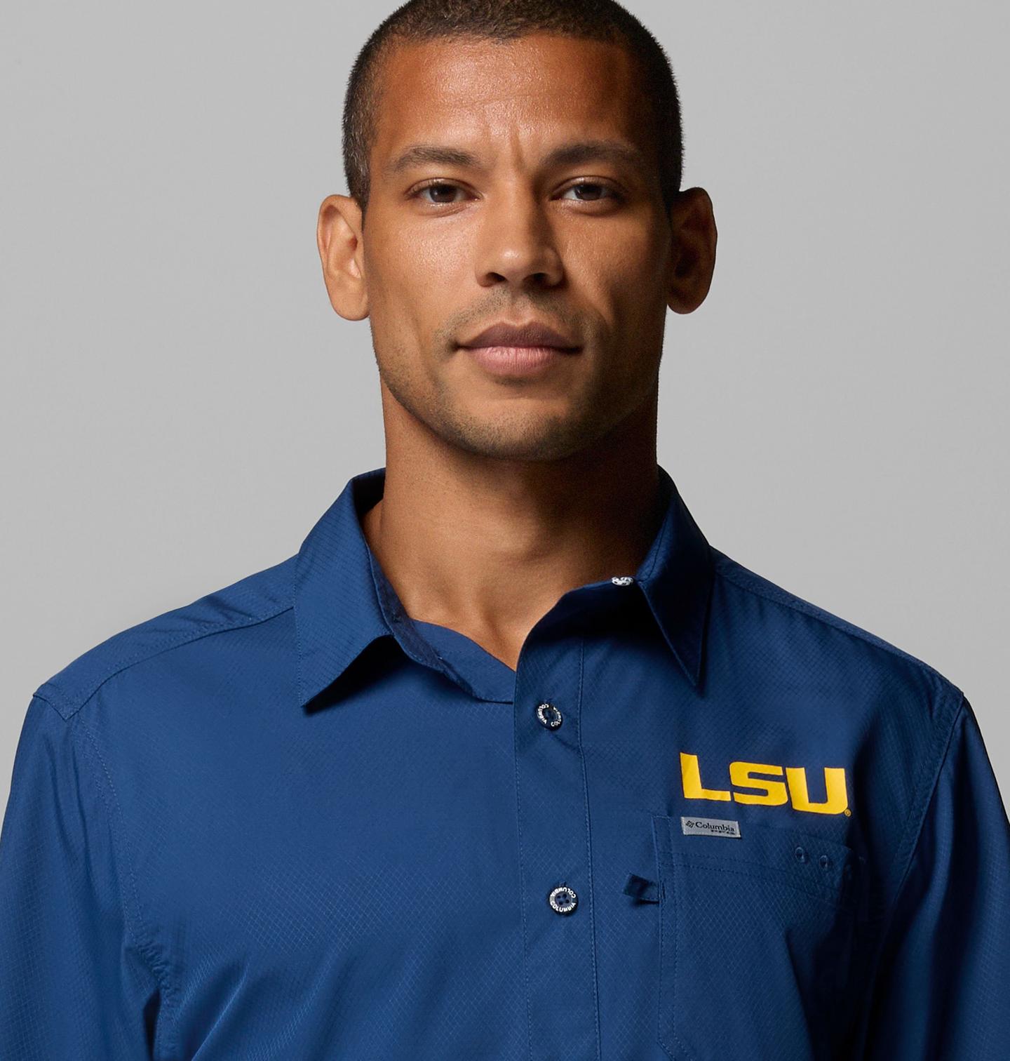 Мужская рубашка Columbia Collegiate PFG Slack Tide Camp Shirt - LSU, цвет: Карбоновый — фото 4
