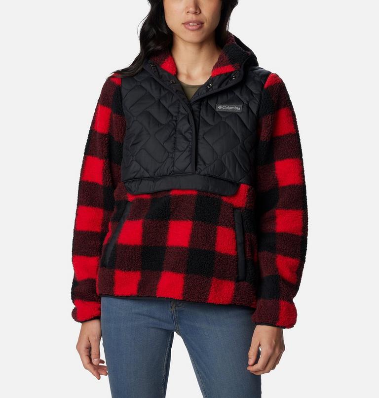 Women's Sweet View Fleece Hooded Pullover, Color: Black, Red Lily Check Print, image 1