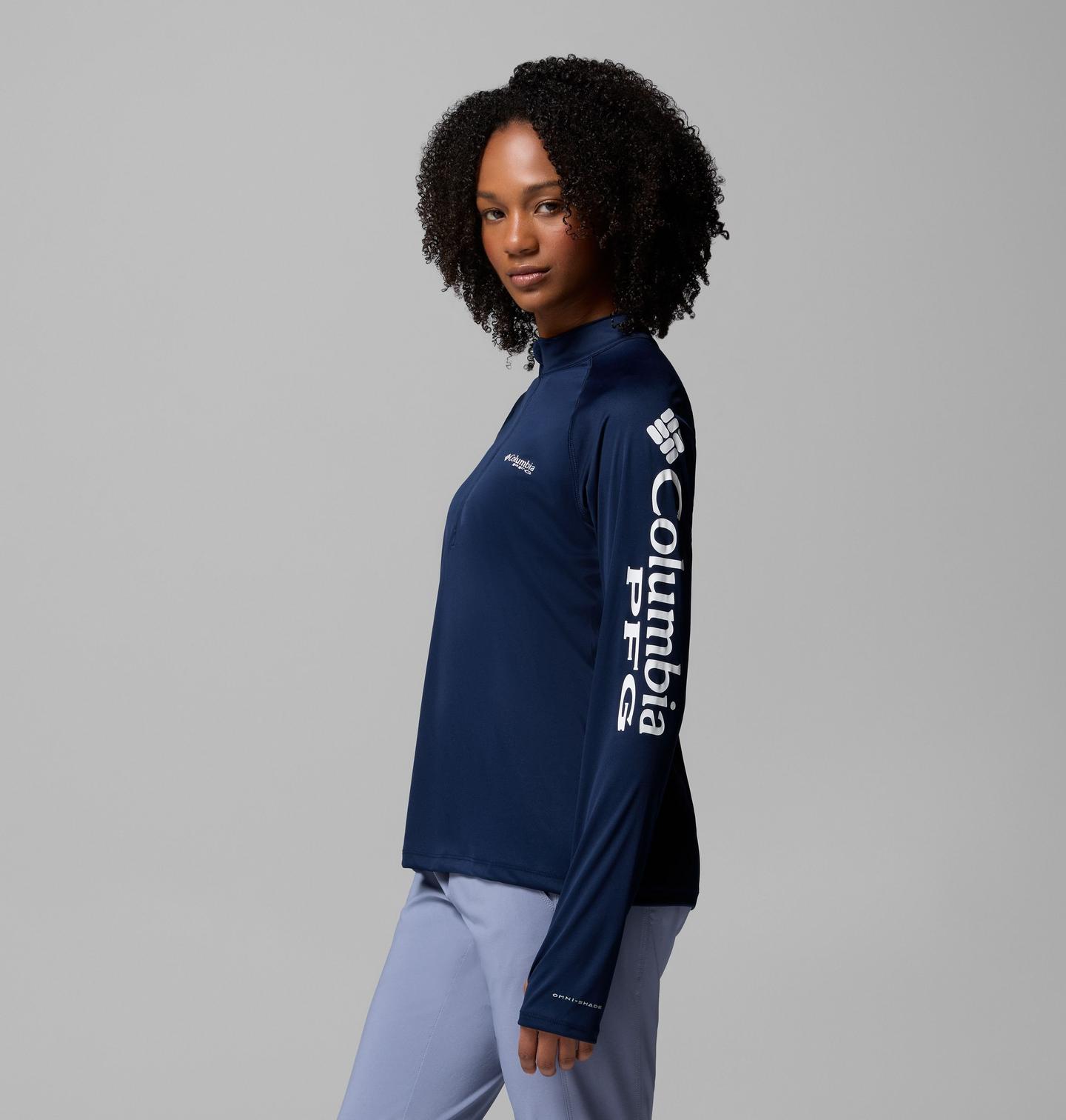 Женская футболка Columbia PFG Tidal Tee Quarter Zip Long Sleeve, цвет: Тёмно-синий / Белый — фото 4