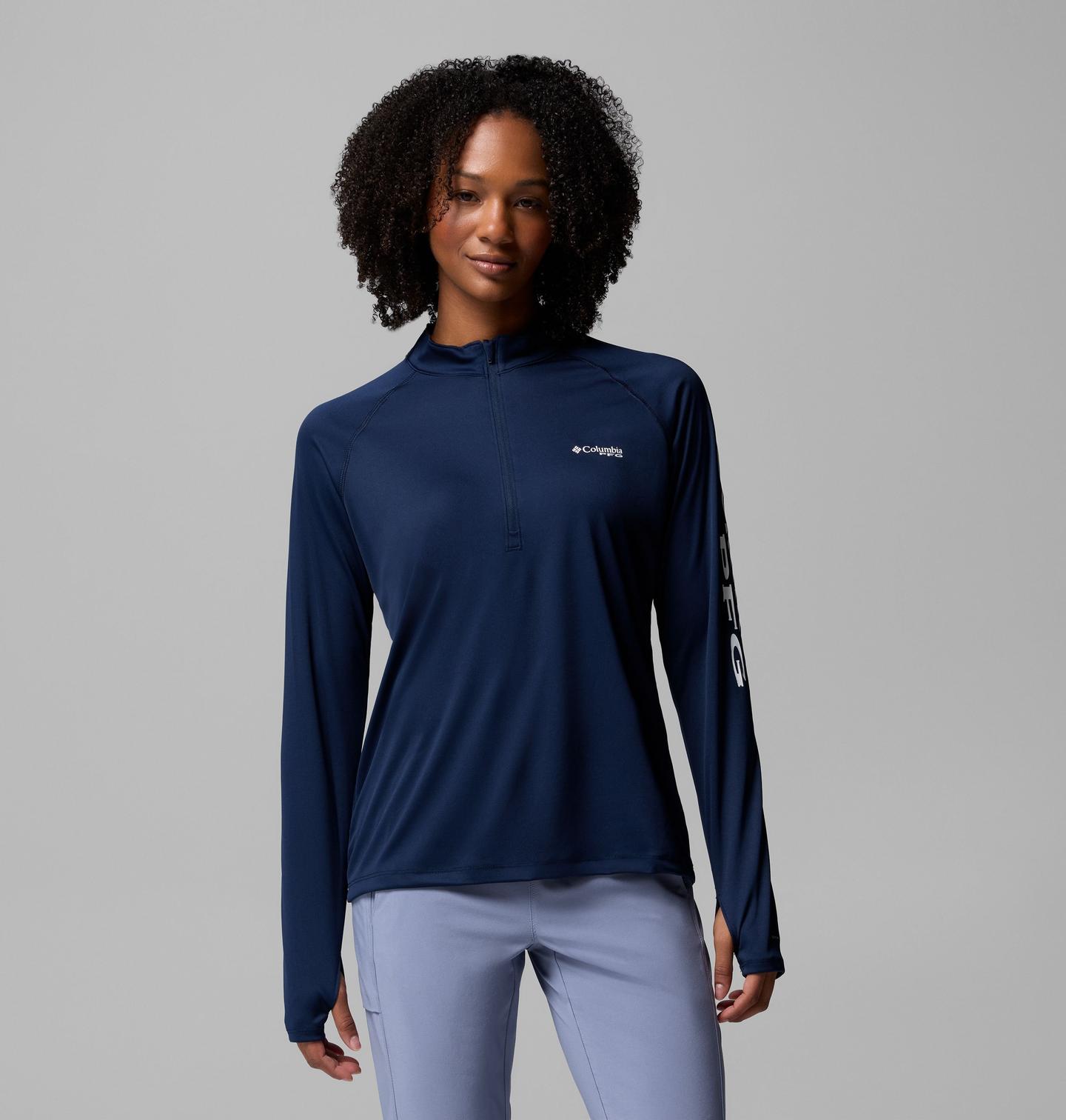 Женская футболка Columbia PFG Tidal Tee Quarter Zip Long Sleeve, цвет: Тёмно-синий / Белый — фото 1