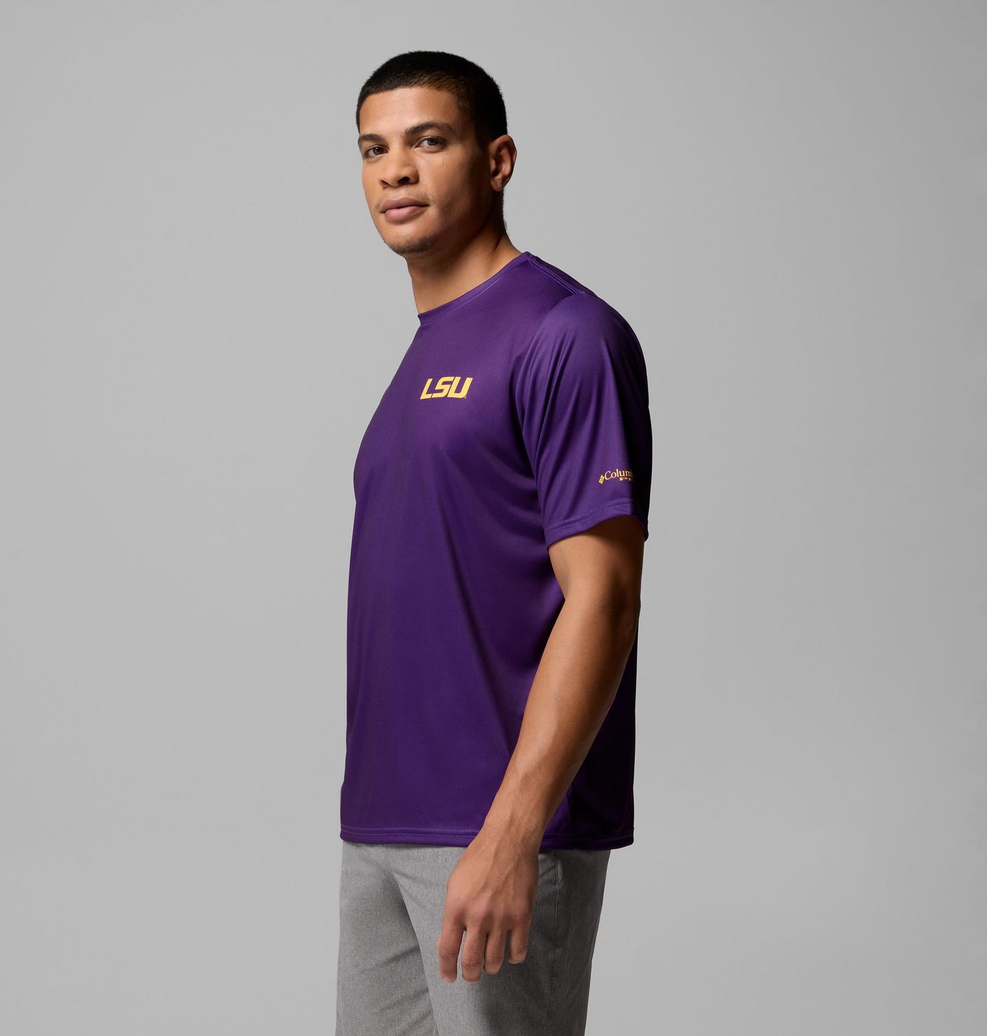 Мужская рубашка Columbia Collegiate PFG Terminal Tackle Short Sleeve Shirt - LSU, цвет: Яркий фиолетовый — фото 4