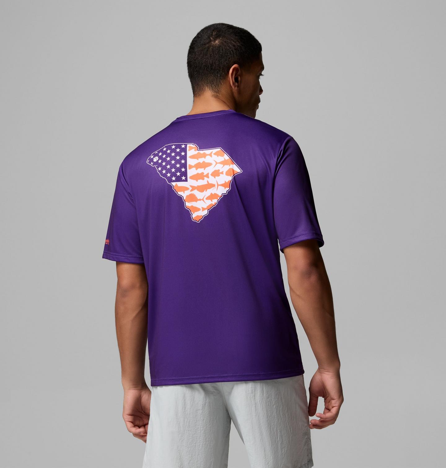 Мужская рубашка Columbia Collegiate PFG Terminal Tackle Short Sleeve Shirt - Clemson, цвет: Яркий фиолетовый — фото 3