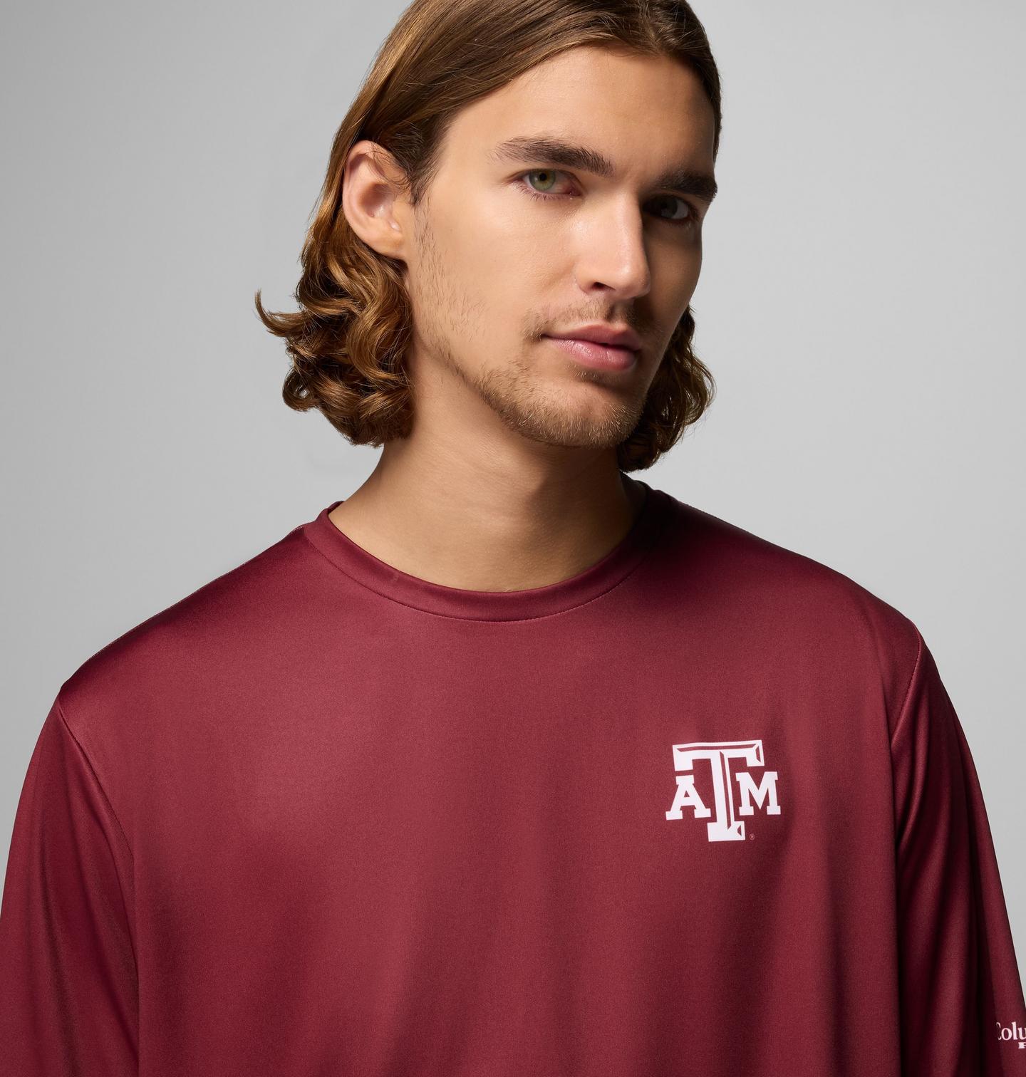 Мужская рубашка Columbia Collegiate PFG Terminal Tackle Short Sleeve Shirt - Texas A&M, цвет: Глубокий тёмно-бордовый — фото 4