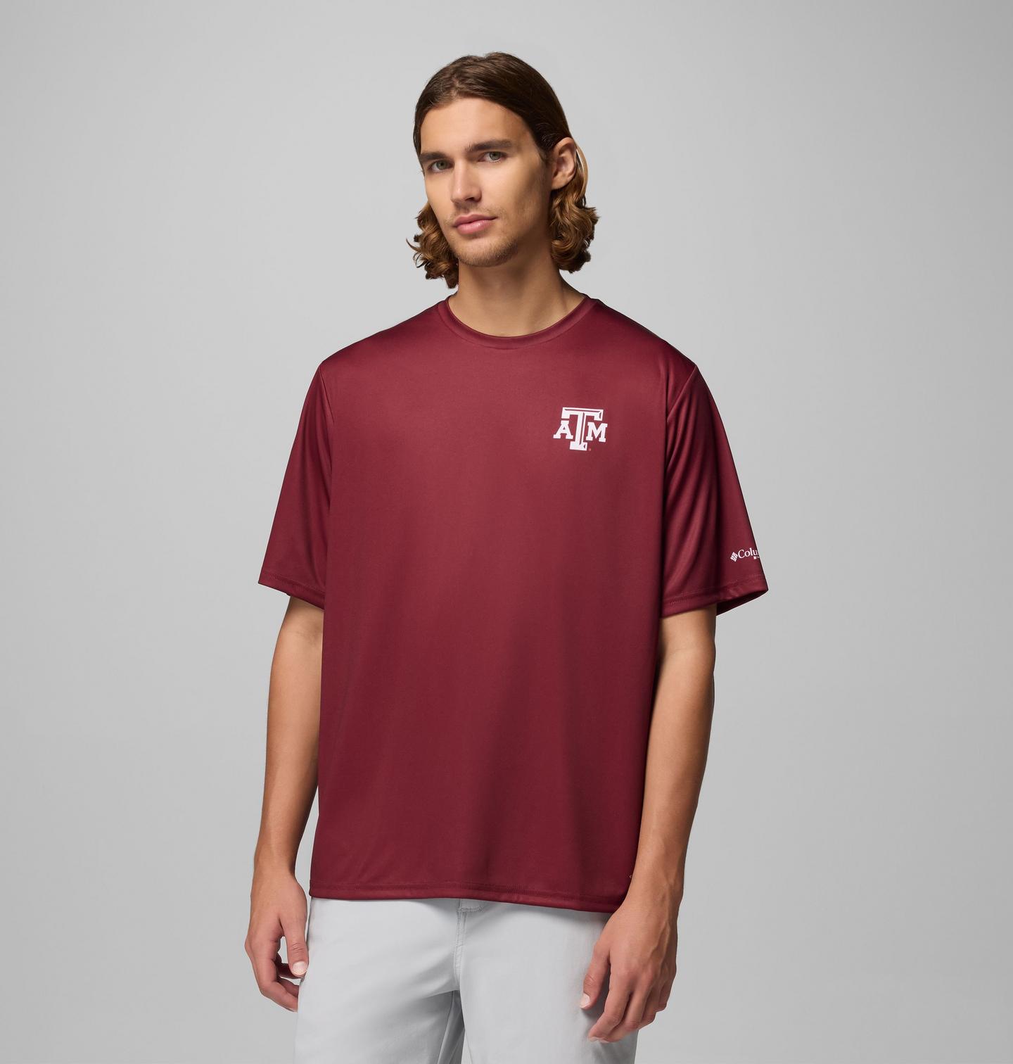 Мужская рубашка Columbia Collegiate PFG Terminal Tackle Short Sleeve Shirt - Texas A&M, цвет: Глубокий тёмно-бордовый — фото 1
