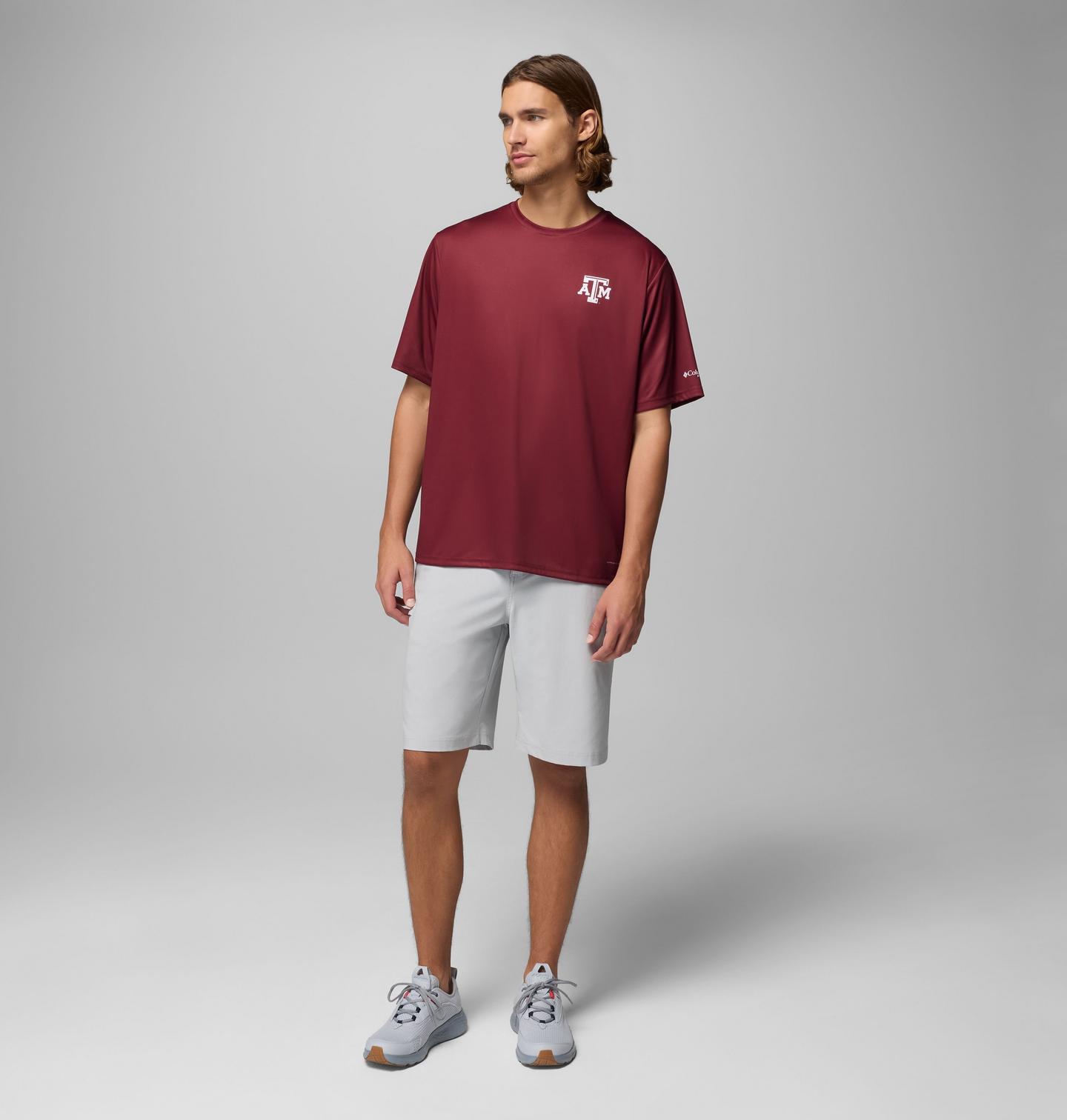 Мужская рубашка Columbia Collegiate PFG Terminal Tackle Short Sleeve Shirt - Texas A&M, цвет: Глубокий тёмно-бордовый — фото 2