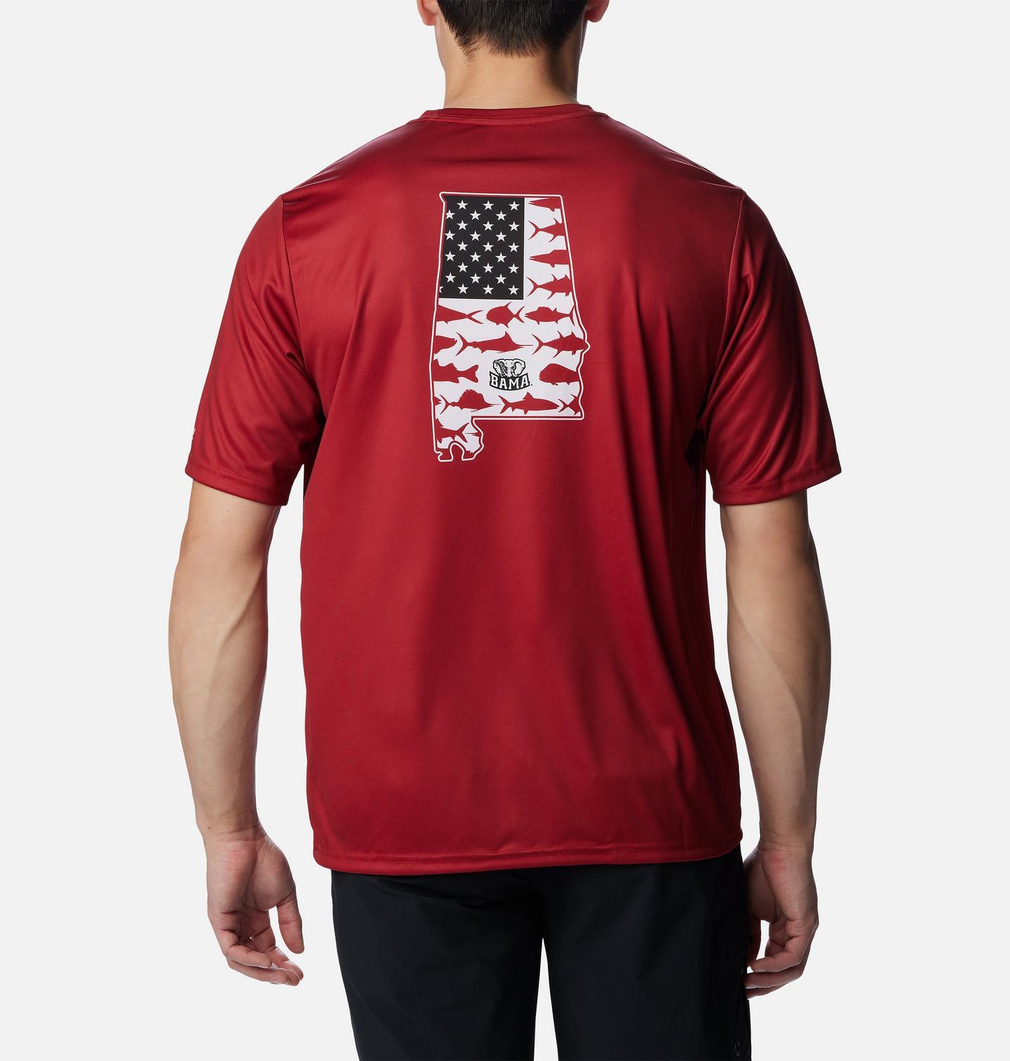 Мужская рубашка Columbia Collegiate PFG Terminal Tackle Short Sleeve Shirt - Alabama, цвет: Красный бархатный, вариант 2 — фото 2