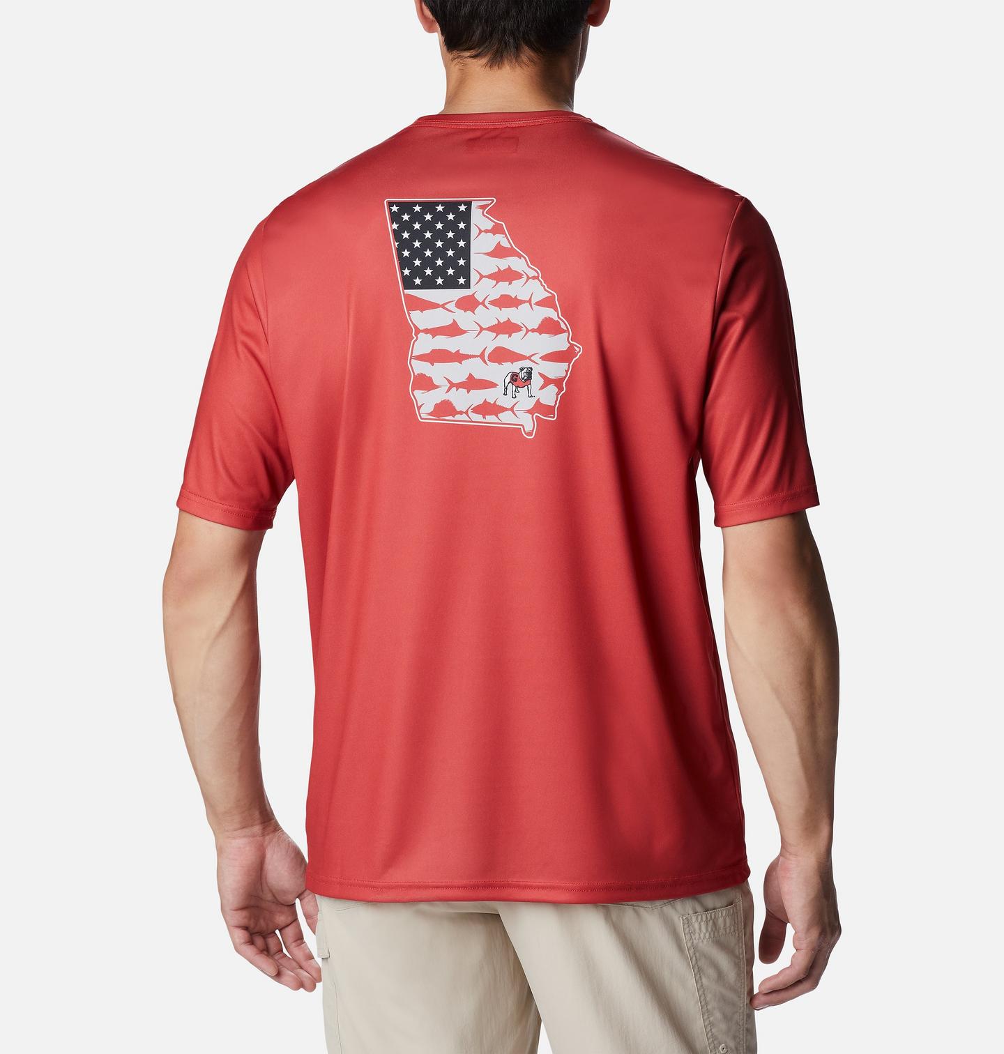 Мужская рубашка Columbia Collegiate PFG Terminal Tackle Short Sleeve Shirt - Georgia, цвет: Яркий красный — фото 2