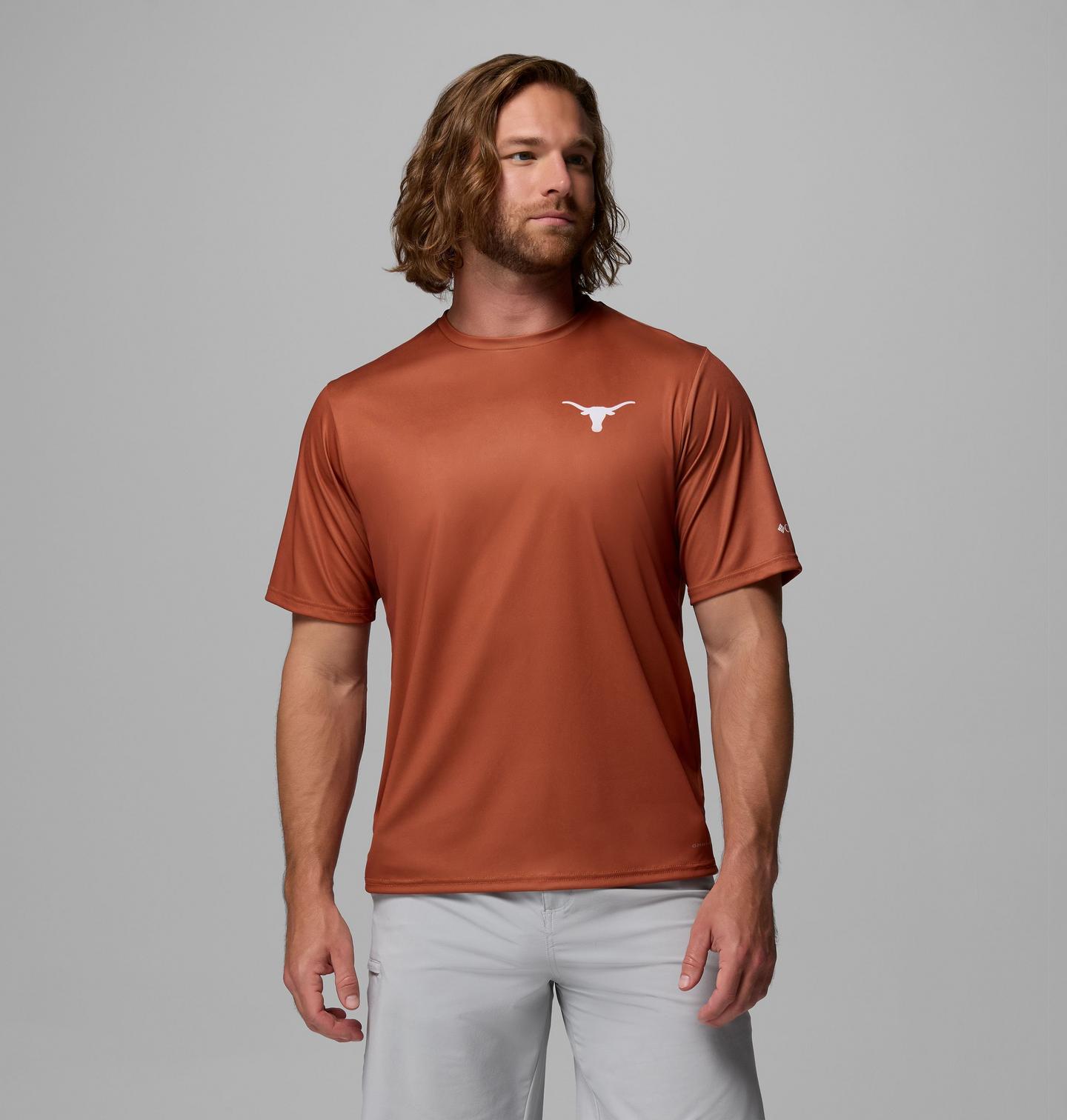 Мужская рубашка Columbia Collegiate PFG Terminal Tackle Short Sleeve Shirt - Texas, цвет: Кедровый — фото 1