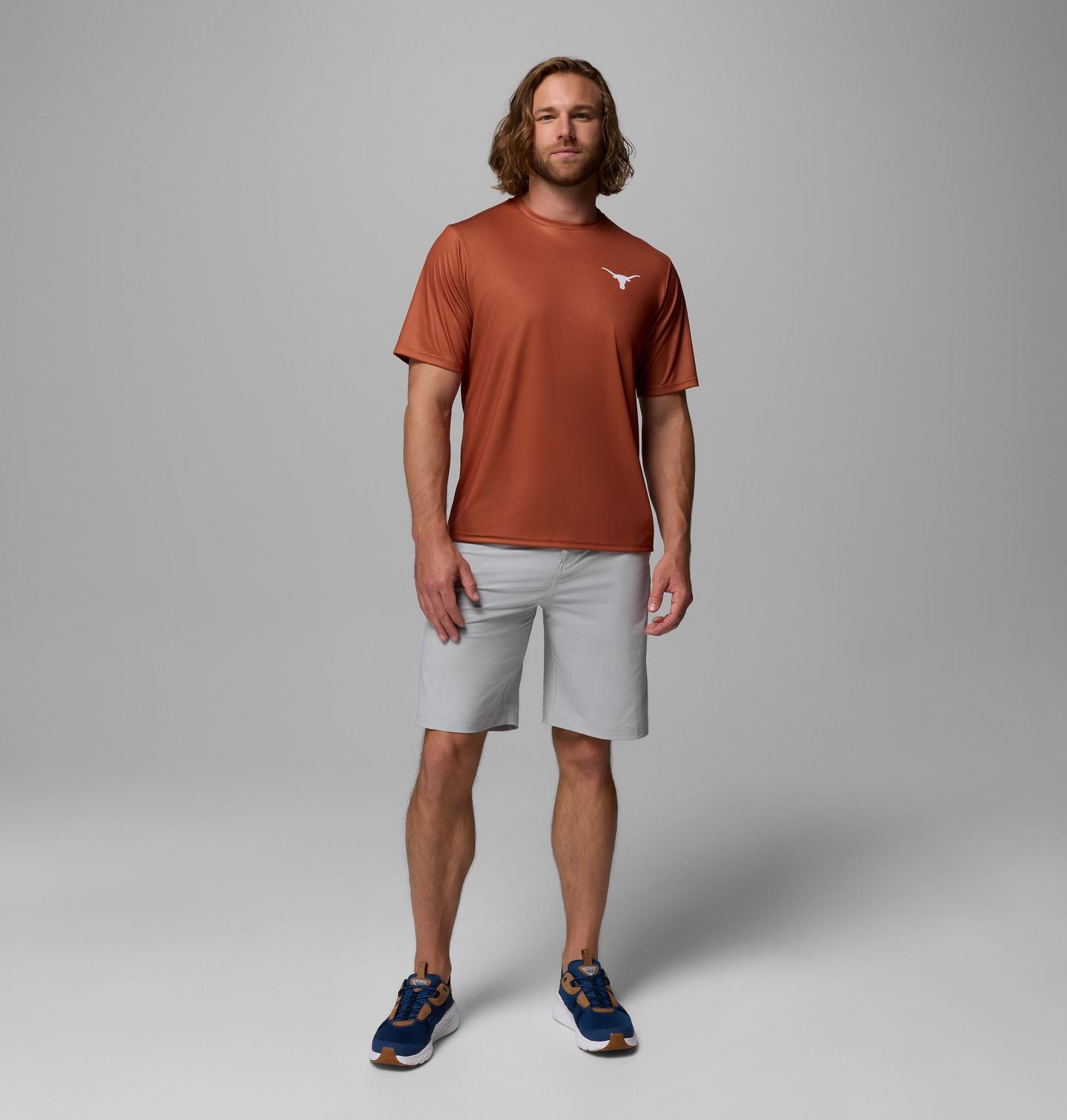 Мужская рубашка Columbia Collegiate PFG Terminal Tackle Short Sleeve Shirt - Texas, цвет: Кедровый — фото 2