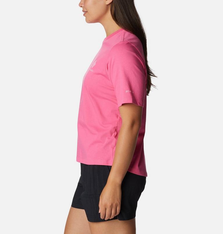 Women's North Cascades Relaxed T-Shirt, Color: Wild Geranium, Framed Halftone Logo Grx, image 3