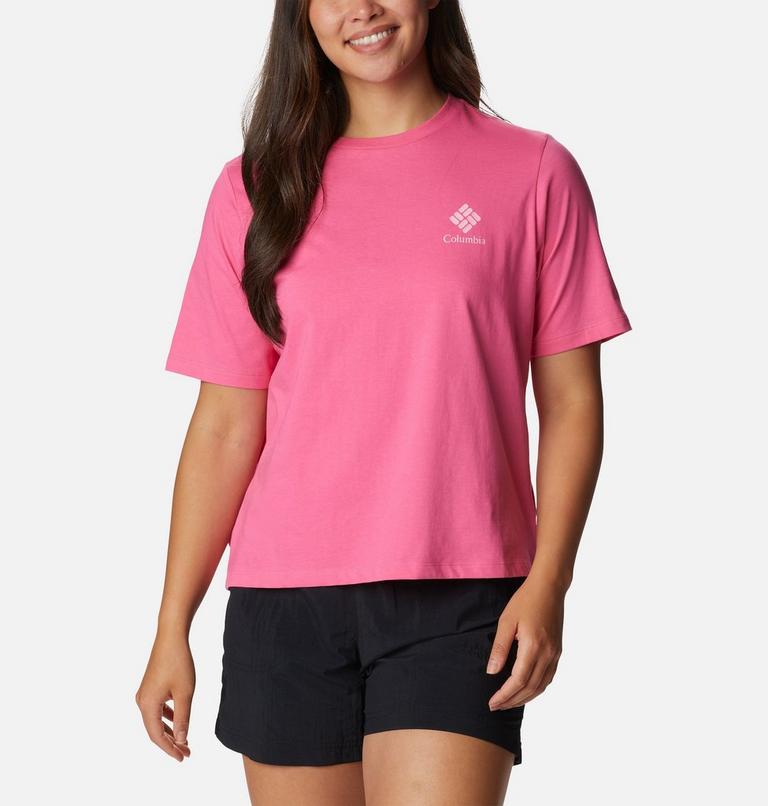 Women's North Cascades Relaxed T-Shirt, Color: Wild Geranium, Framed Halftone Logo Grx, image 1