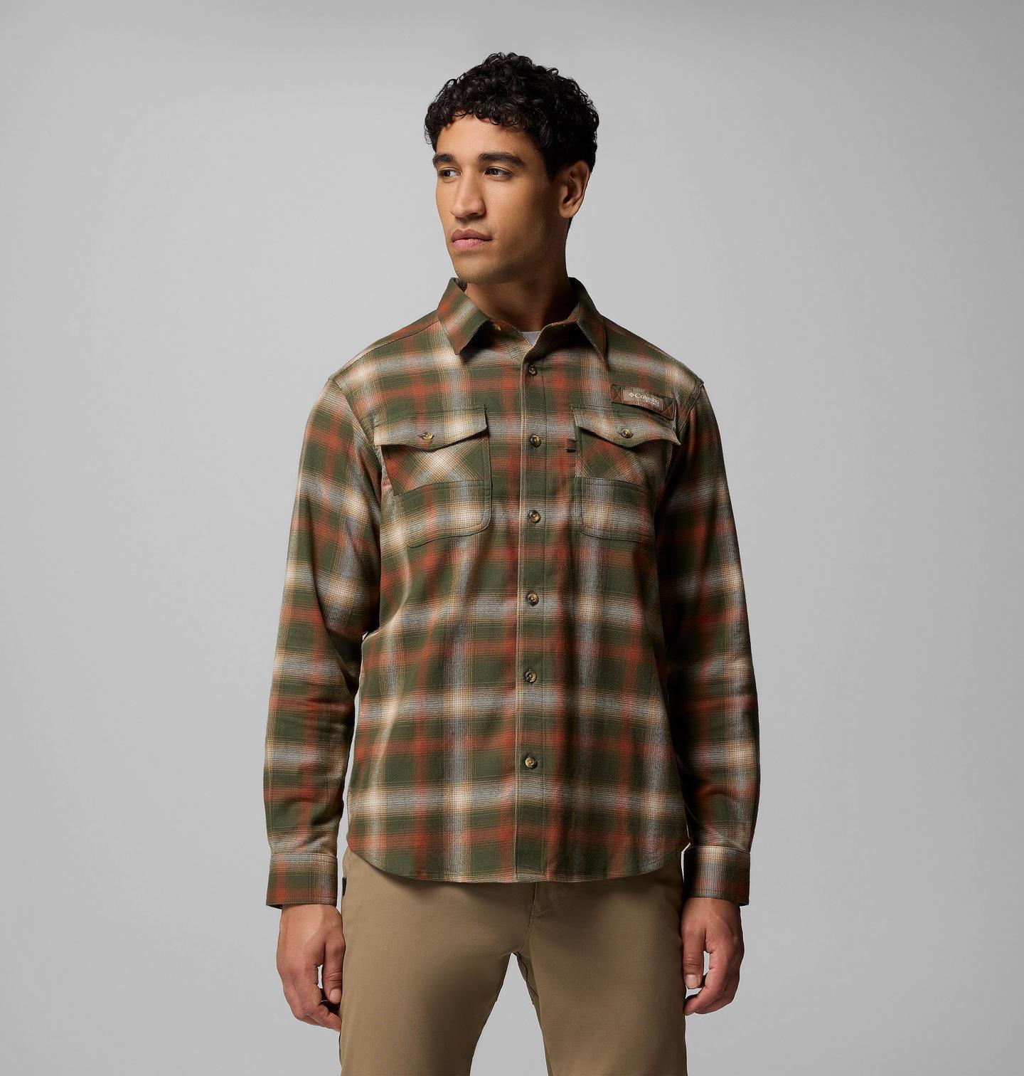 Мужская рубашка Columbia PHG Roughtail Stretch Flannel Long Sleeve, цвет: Зелёный клетчатый — фото 1