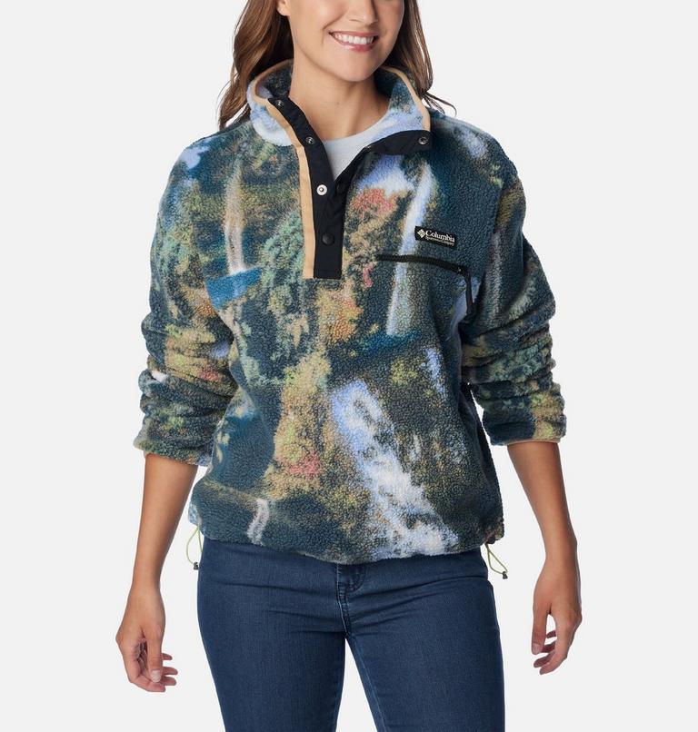 Women's Helvetia Cropped Half Snap Fleece, Color: Napa Green Chasing Falls Print, Black, C, image 6
