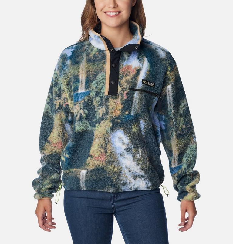 Women's Helvetia Cropped Half Snap Fleece, Color: Napa Green Chasing Falls Print, Black, C, image 1