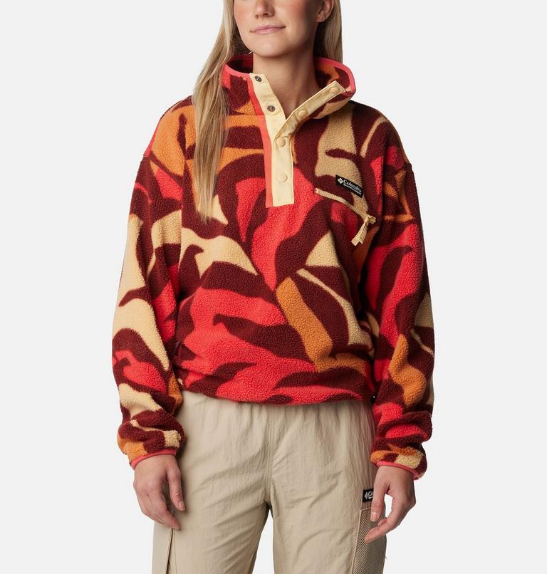 Women's Helvetia Cropped Half Snap Fleece, Color: Spice Floristic Print, Sunkissed, Juicy, image 1