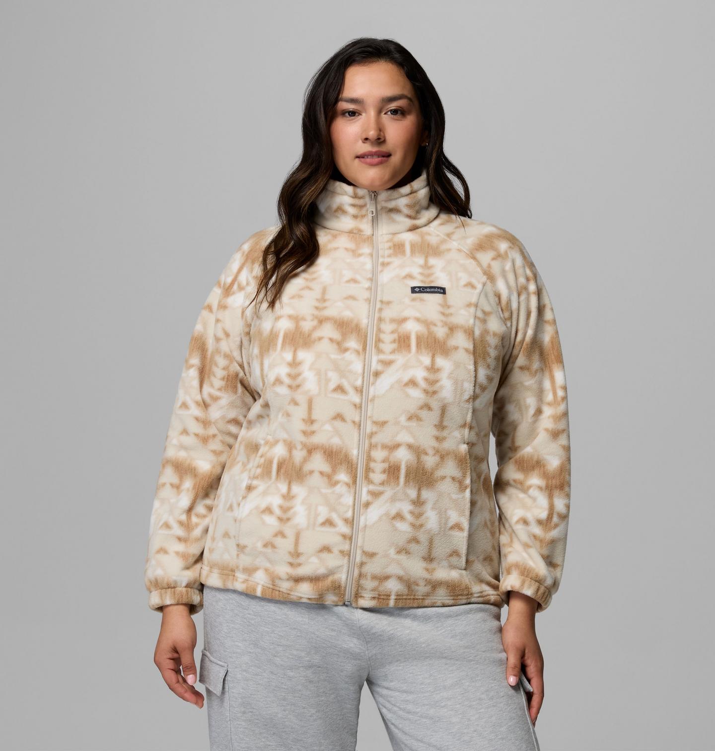 Женская куртка Columbia Benton Springs Printed Full Zip Fleece Jacket - Plus Size, цвет: Серо-бежевый, вариант 1 — фото 1