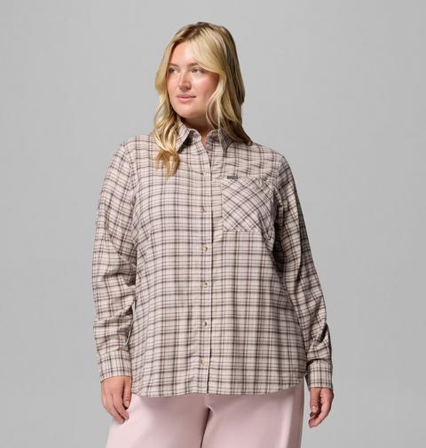 Женская рубашка Columbia Calico Basin Flannel Long Sleeve Shirt - Plus Size, цвет: Серо-бежевый / В клетку