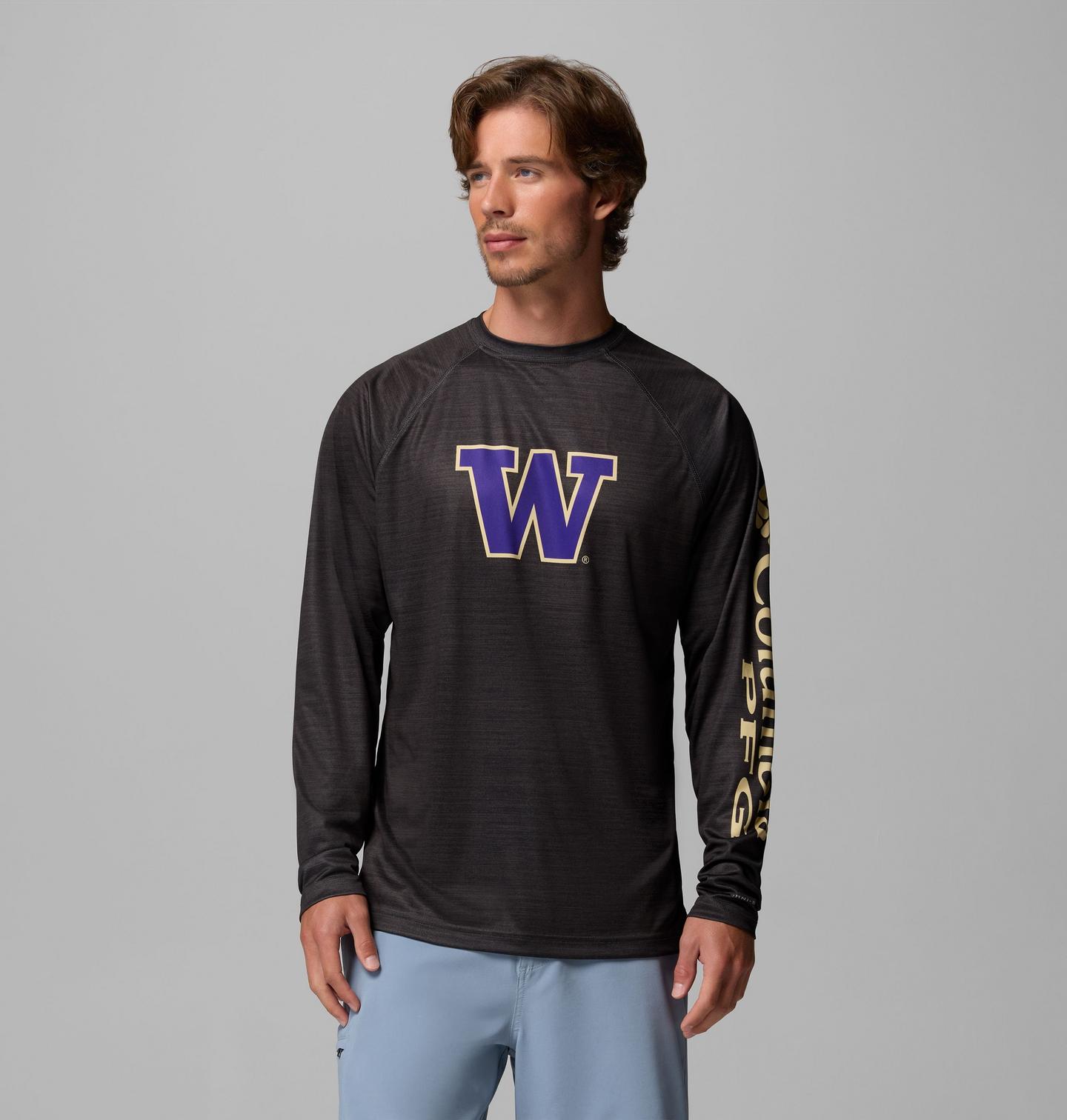 Мужская рубашка Columbia Collegiate PFG Terminal Tackle Heather Long Sleeve Shirt - Washington, цвет: Меланжевый — фото 1