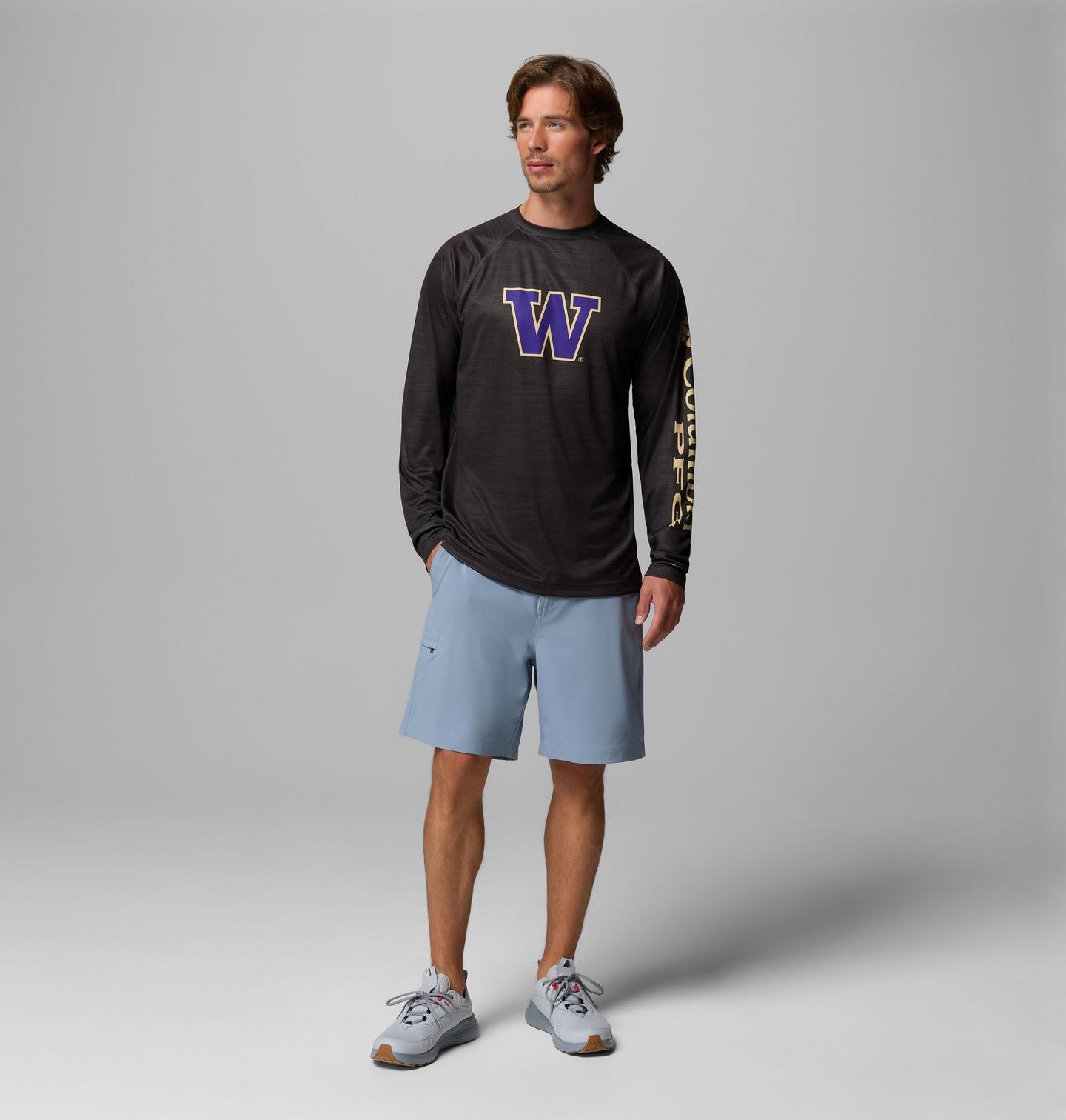 Мужская рубашка Columbia Collegiate PFG Terminal Tackle Heather Long Sleeve Shirt - Washington, цвет: Меланжевый — фото 2