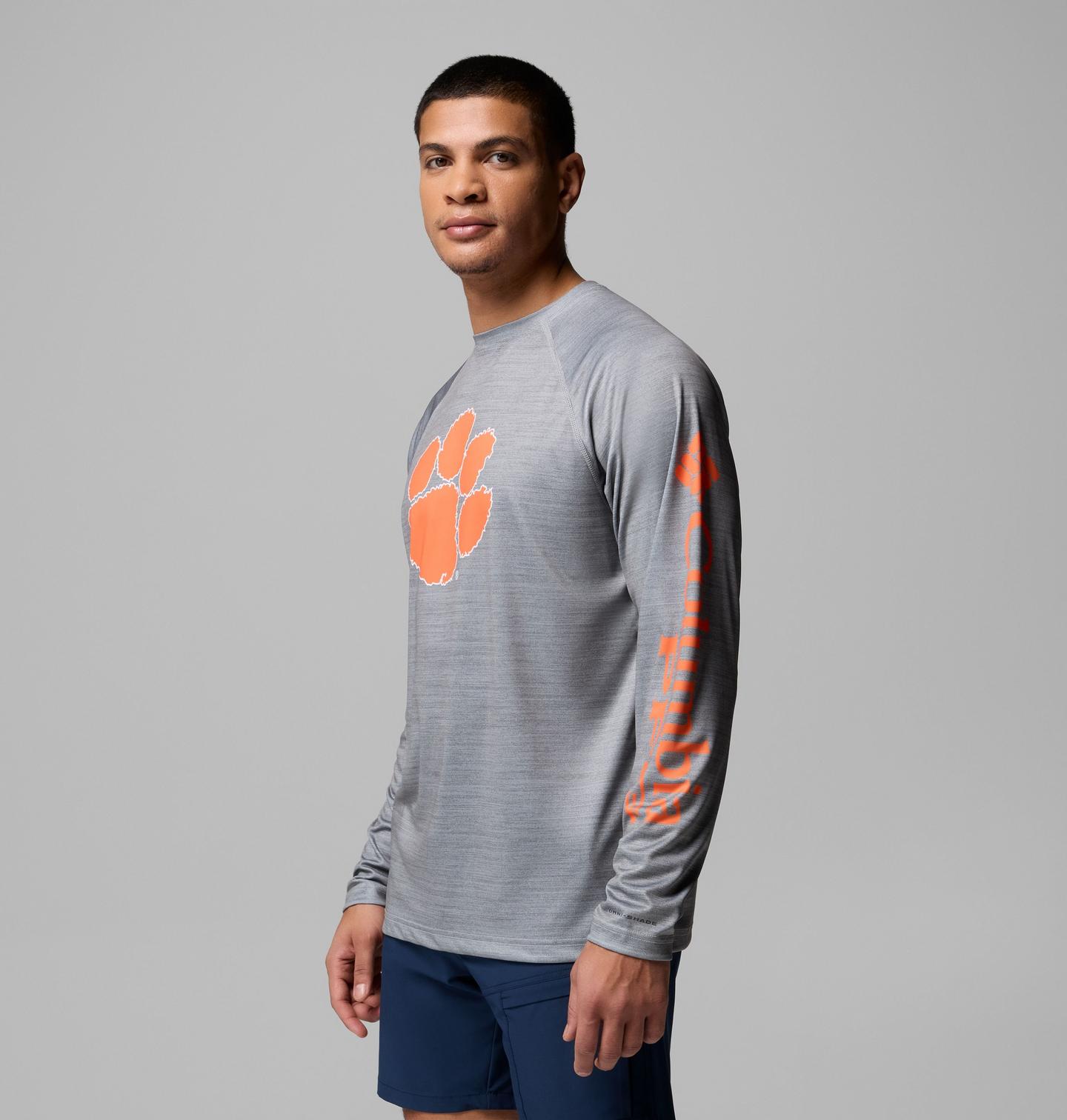 Мужская рубашка Columbia Collegiate PFG Terminal Tackle Heather Long Sleeve Shirt - Clemson, цвет: Серый меланжевый — фото 3