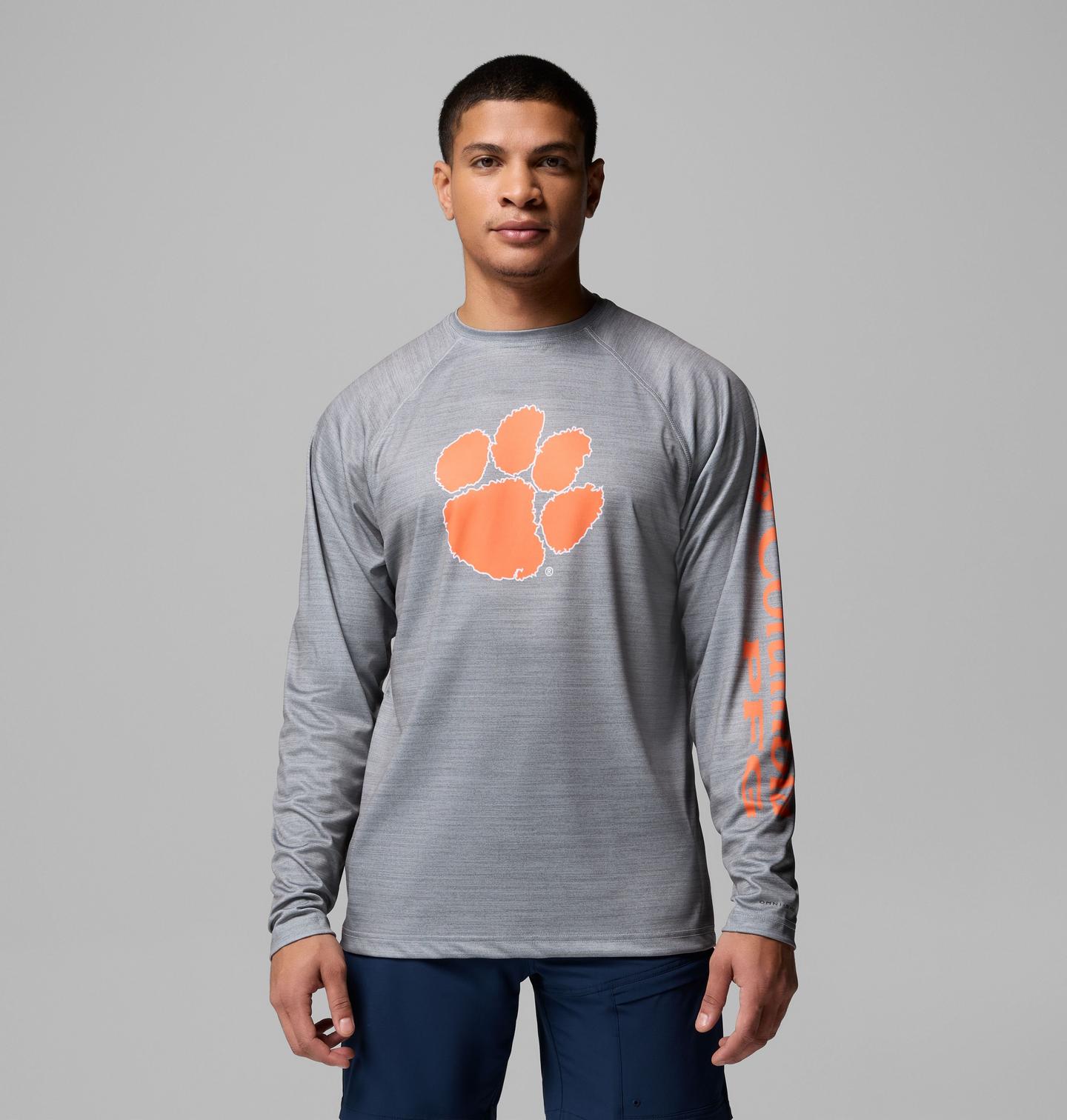 Мужская рубашка Columbia Collegiate PFG Terminal Tackle Heather Long Sleeve Shirt - Clemson, цвет: Серый меланжевый — фото 1