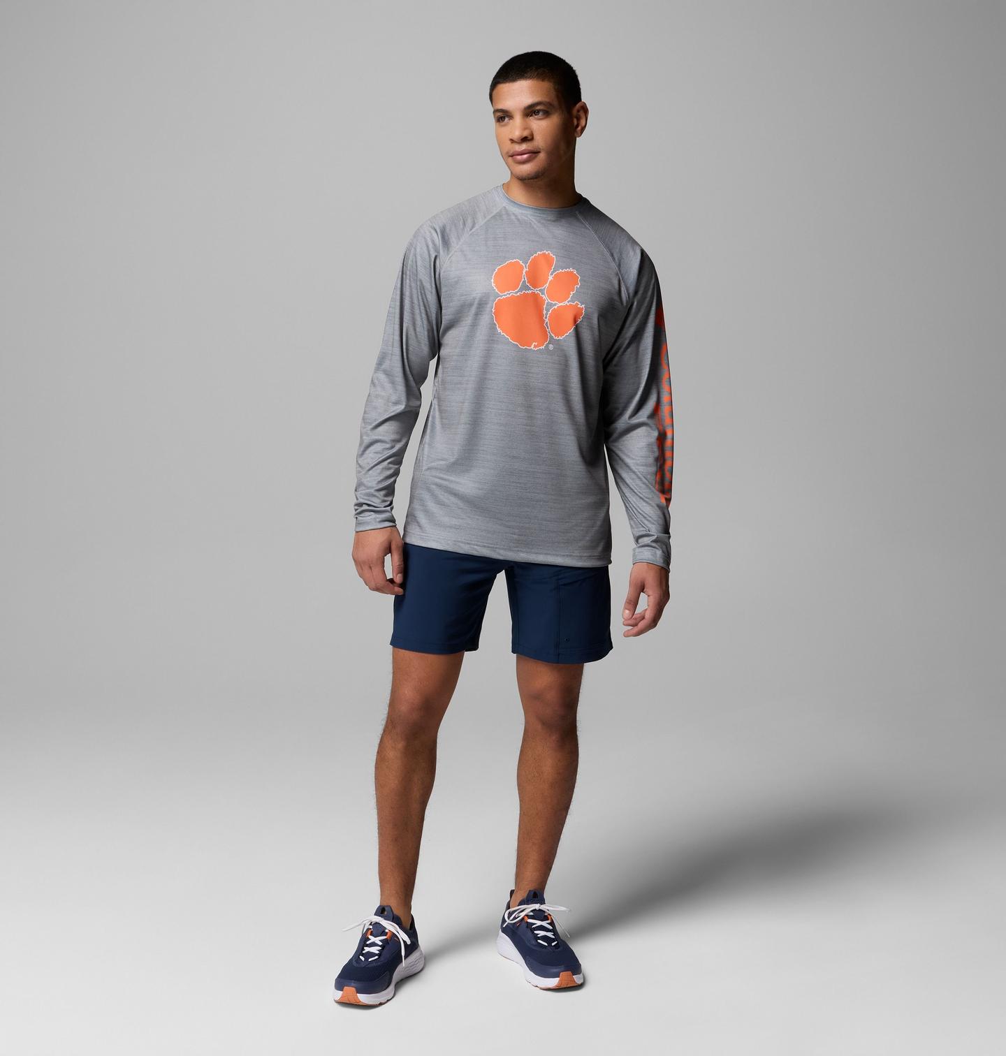 Мужская рубашка Columbia Collegiate PFG Terminal Tackle Heather Long Sleeve Shirt - Clemson, цвет: Серый меланжевый — фото 2