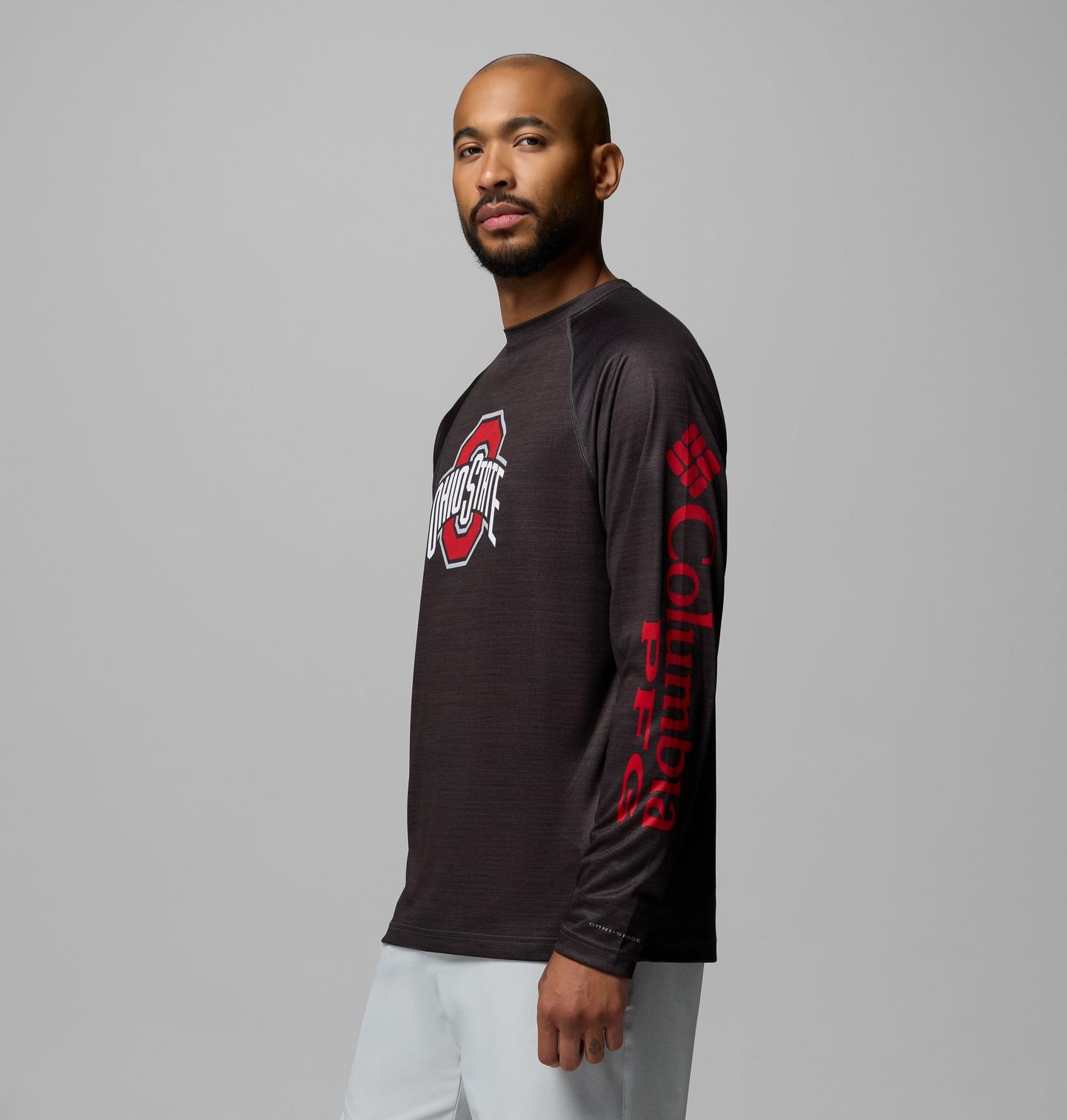 Мужская рубашка Columbia Collegiate PFG Terminal Tackle Heather Long Sleeve Shirt - Ohio State, цвет: Меланжевый — фото 4