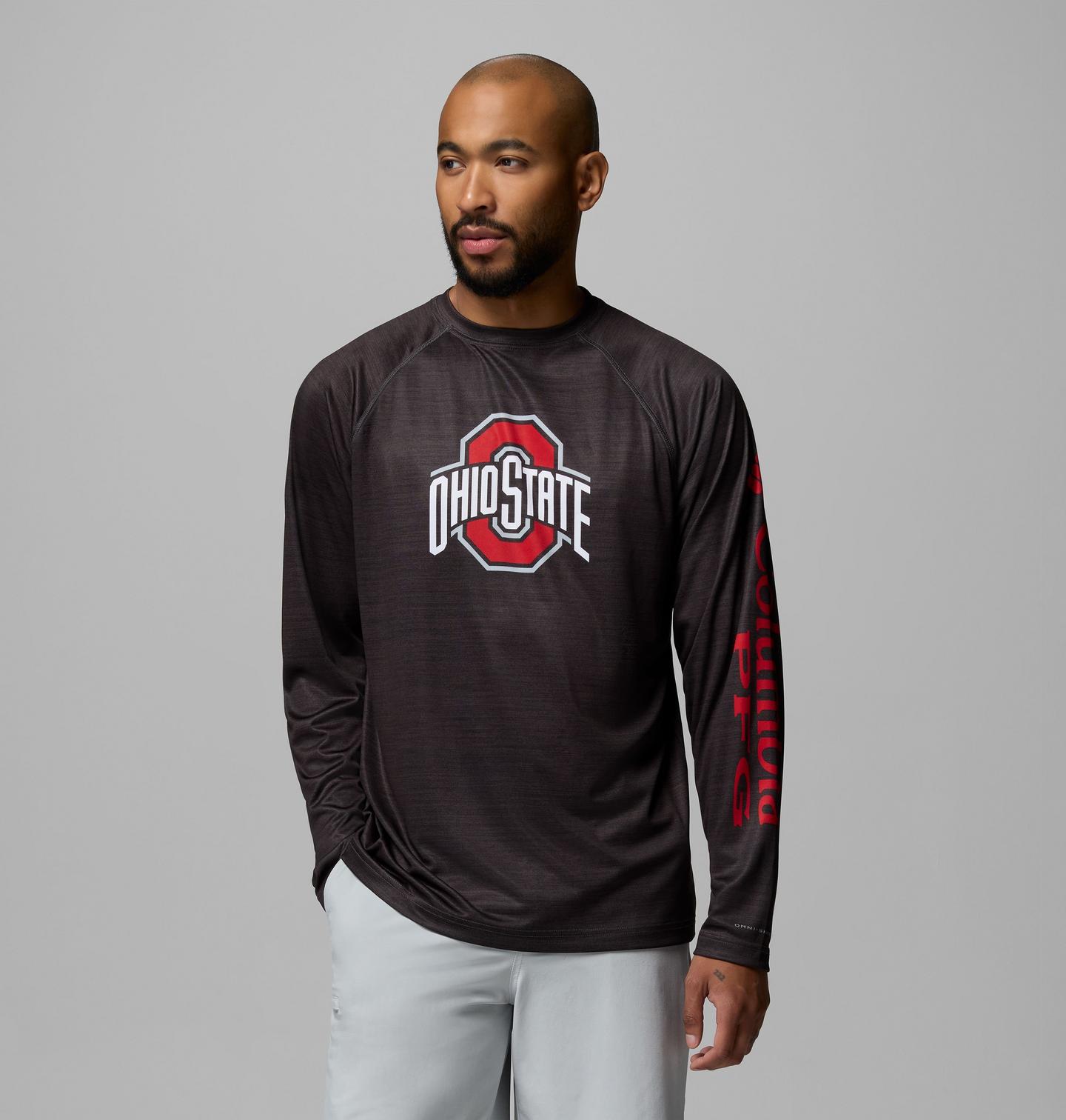 Мужская рубашка Columbia Collegiate PFG Terminal Tackle Heather Long Sleeve Shirt - Ohio State, цвет: Меланжевый — фото 1
