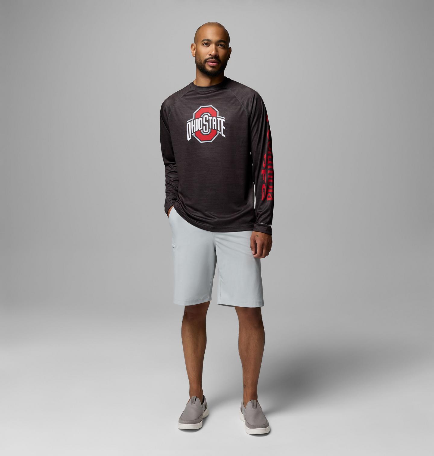 Мужская рубашка Columbia Collegiate PFG Terminal Tackle Heather Long Sleeve Shirt - Ohio State, цвет: Меланжевый — фото 2