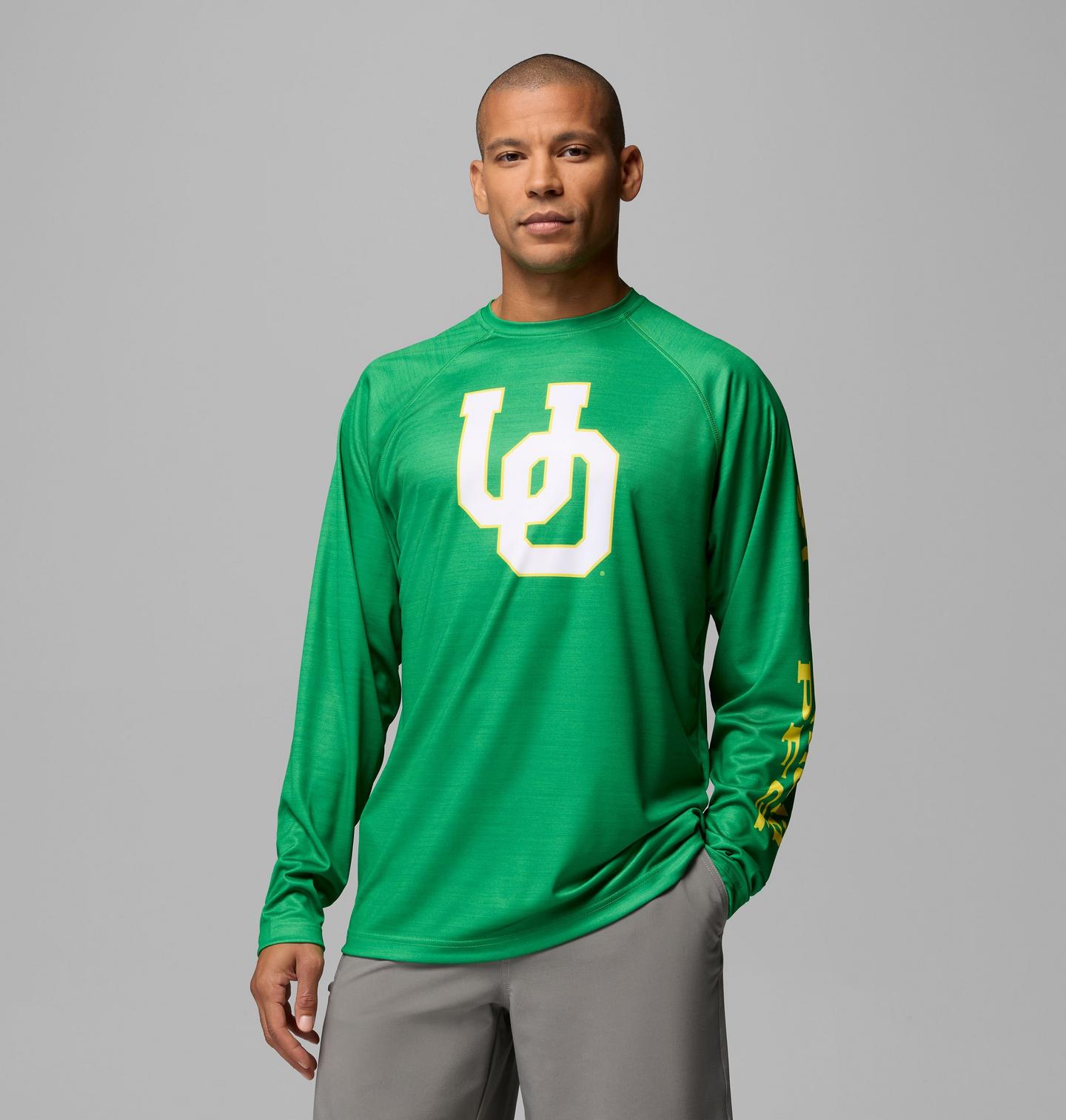 Мужская рубашка Columbia Collegiate PFG Terminal Tackle Heather Long Sleeve Shirt - Oregon, цвет: Зелёный меланжевый — фото 1