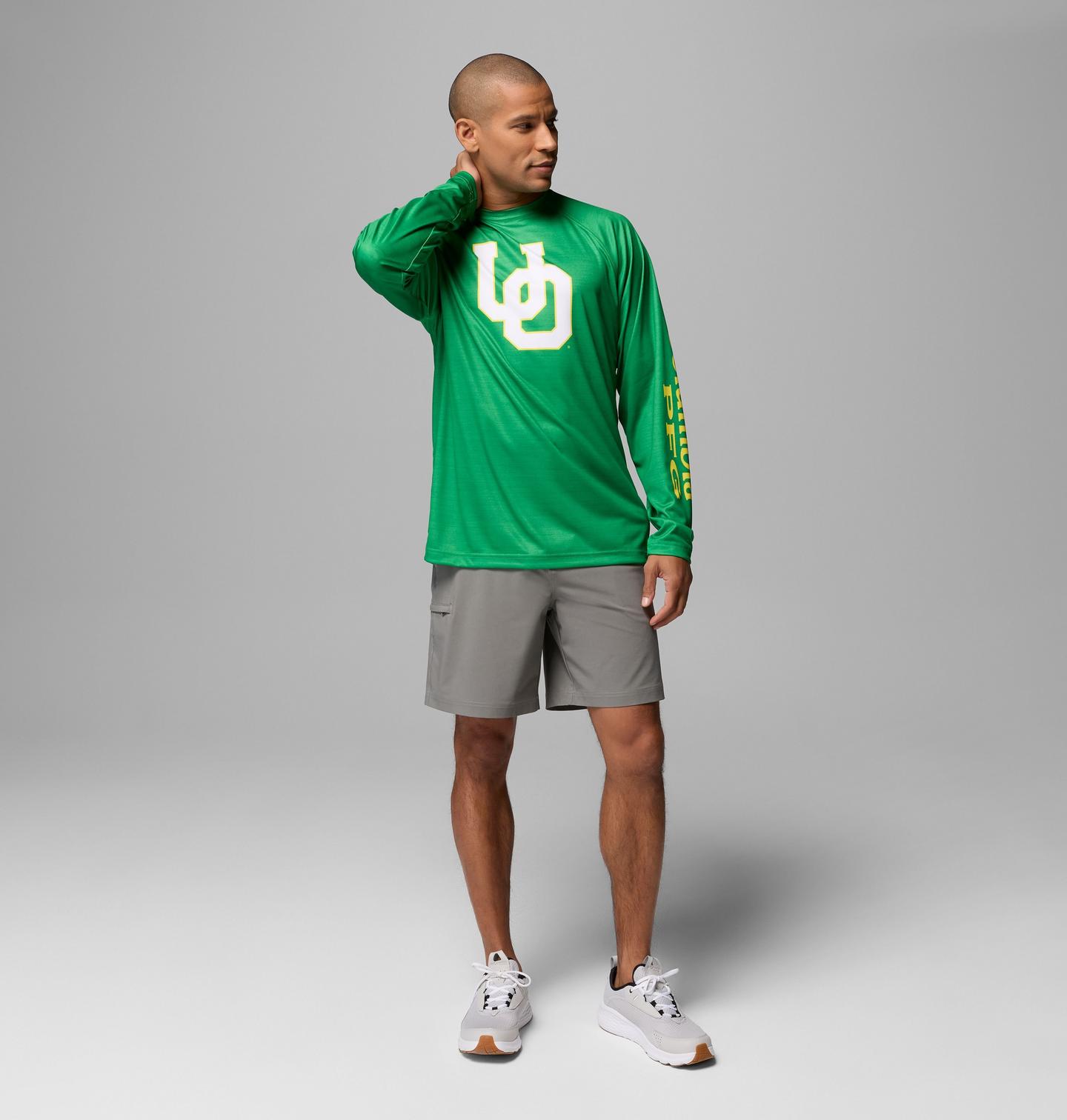 Мужская рубашка Columbia Collegiate PFG Terminal Tackle Heather Long Sleeve Shirt - Oregon, цвет: Зелёный меланжевый — фото 2
