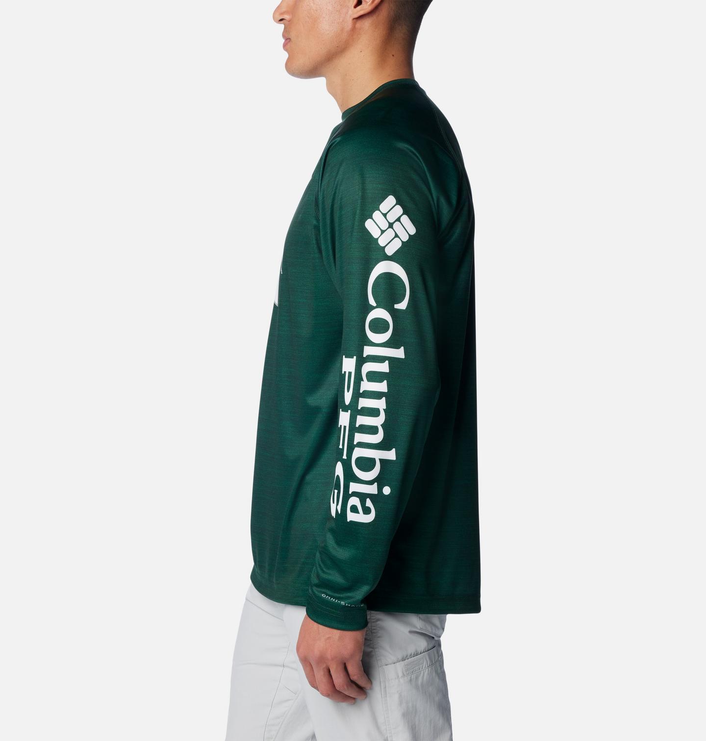 Мужская рубашка Columbia Collegiate PFG Terminal Tackle Heather Long Sleeve Shirt - Michigan State, цвет: Еловый меланжевый — фото 2