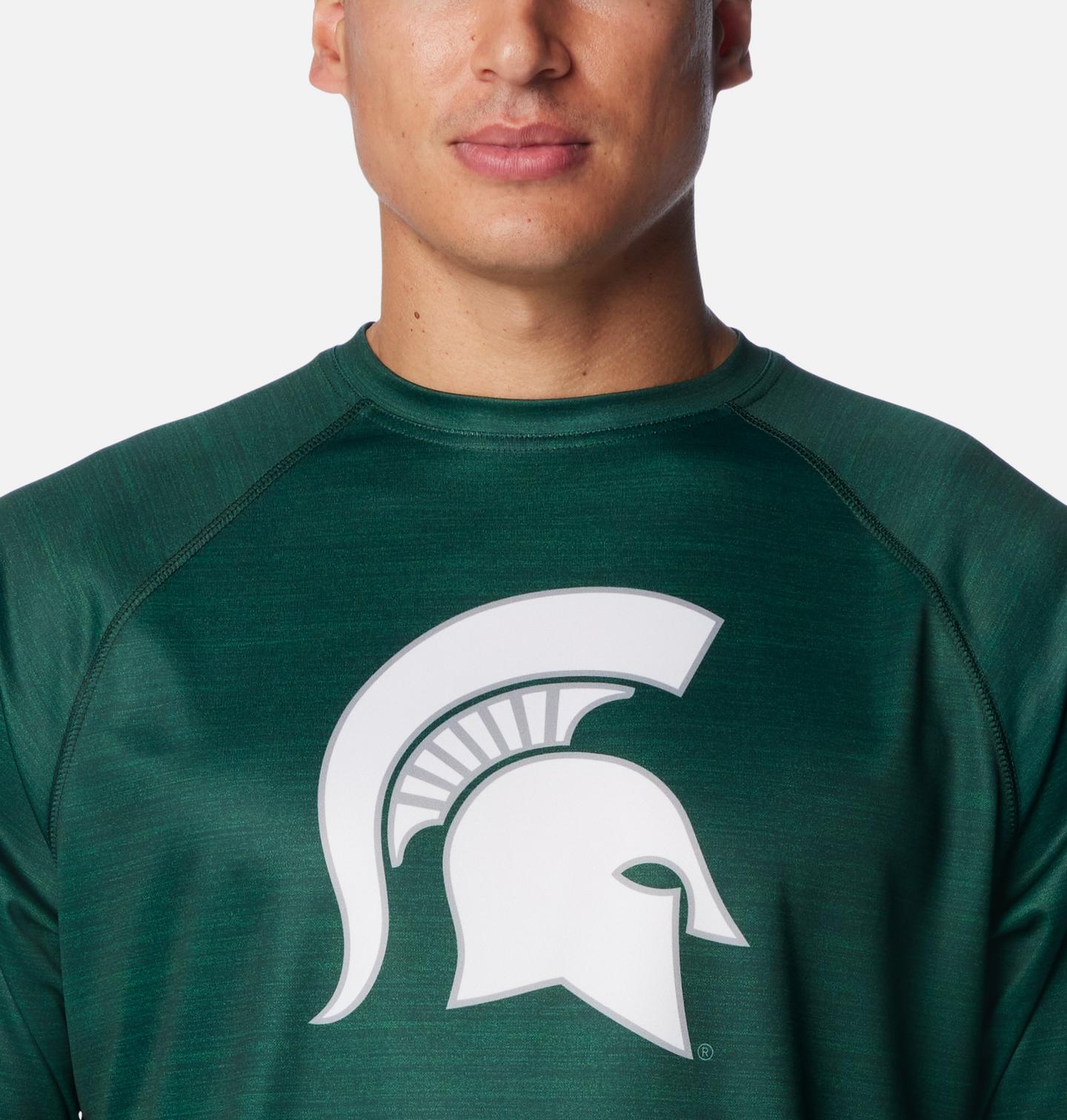 Мужская рубашка Columbia Collegiate PFG Terminal Tackle Heather Long Sleeve Shirt - Michigan State, цвет: Еловый меланжевый — фото 3