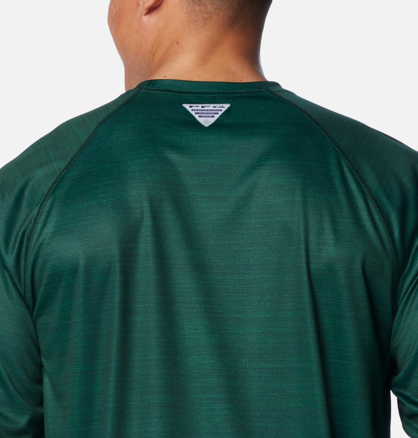 Мужская рубашка Columbia Collegiate PFG Terminal Tackle Heather Long Sleeve Shirt - Michigan State, цвет: Еловый меланжевый — фото 4