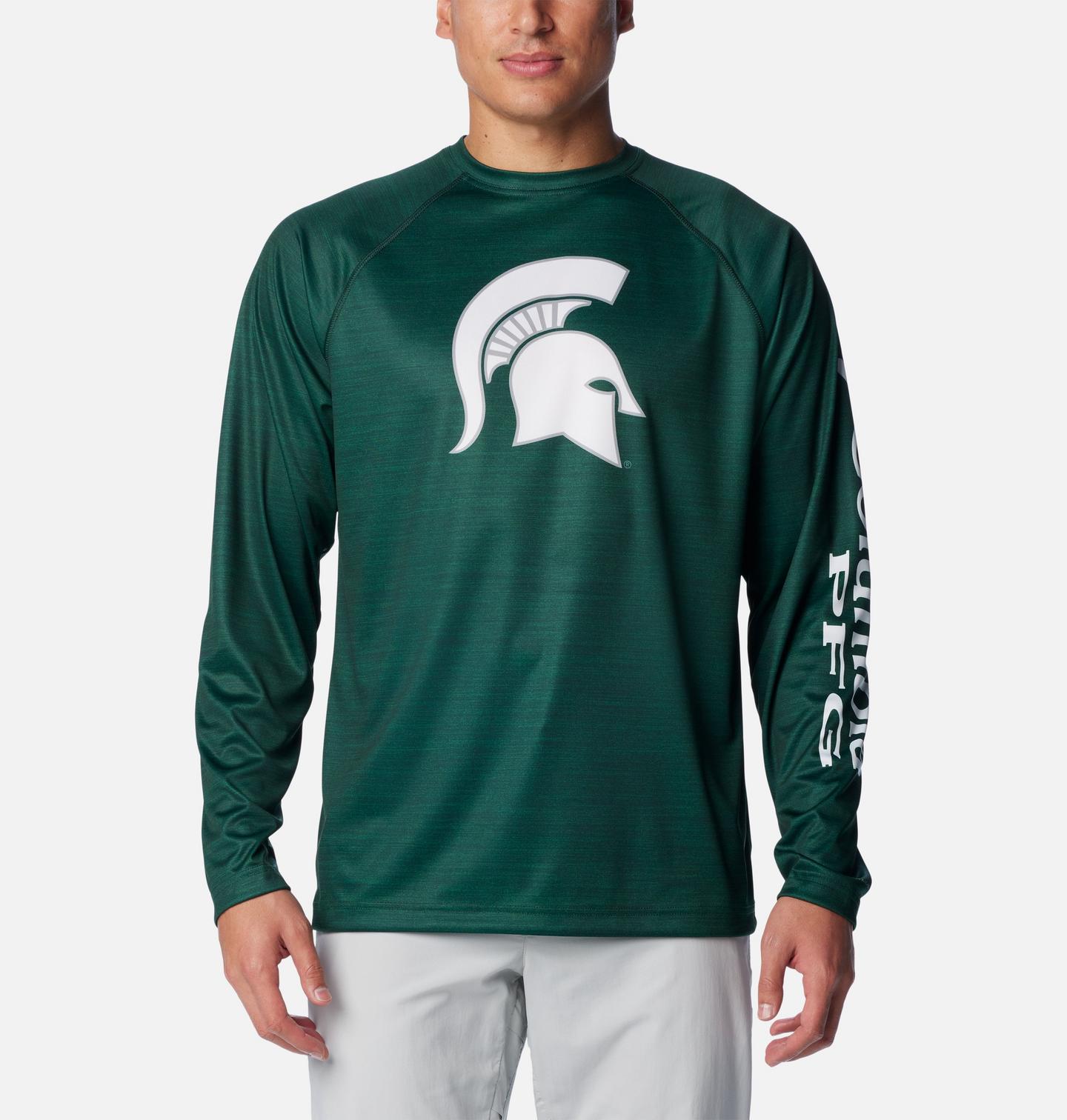 Мужская рубашка Columbia Collegiate PFG Terminal Tackle Heather Long Sleeve Shirt - Michigan State, цвет: Еловый меланжевый — фото 1