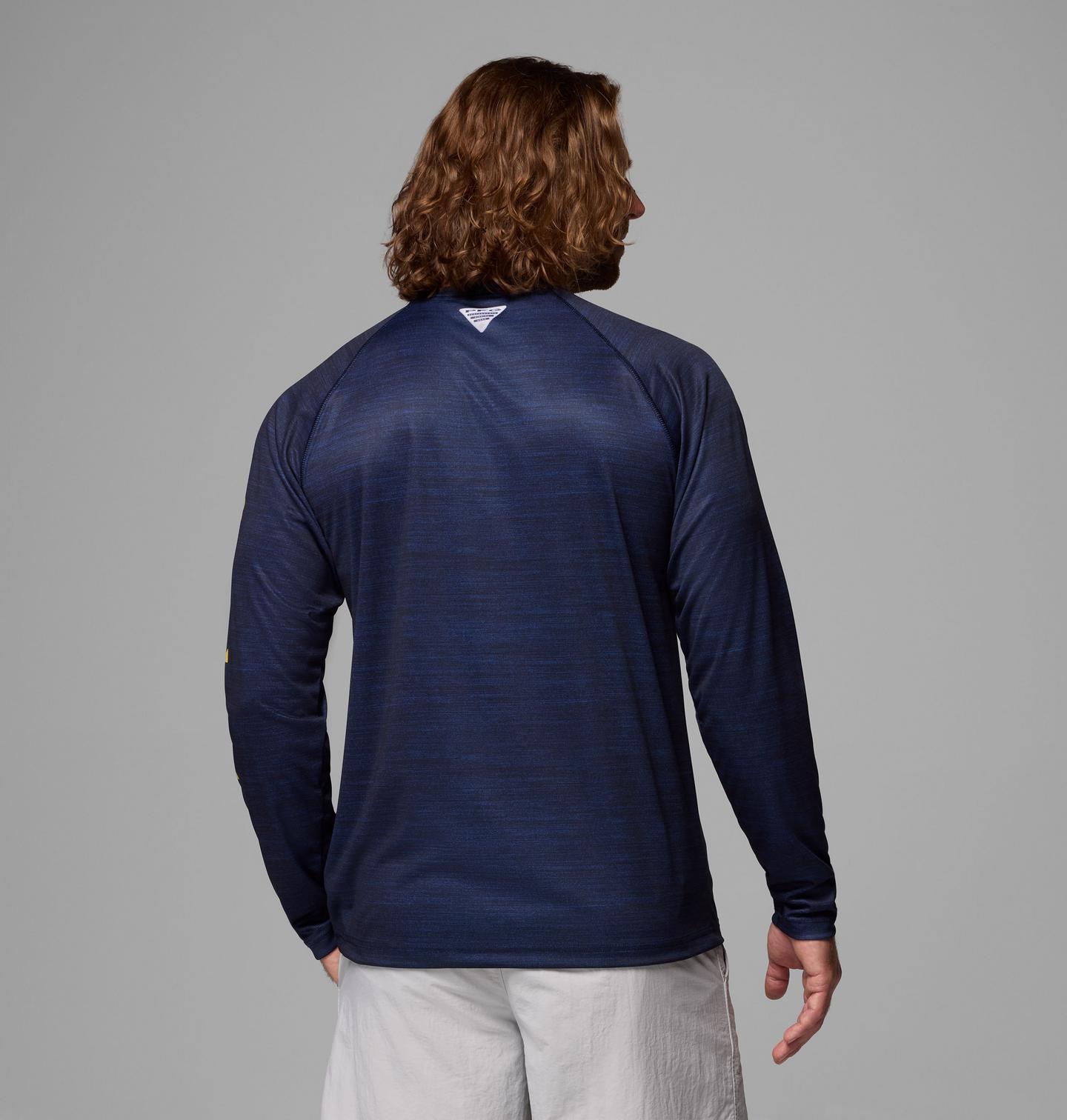 Мужская рубашка Columbia Collegiate PFG Terminal Tackle Heather Long Sleeve Shirt - Michigan, цвет: Тёмно-синий меланжевый — фото 3