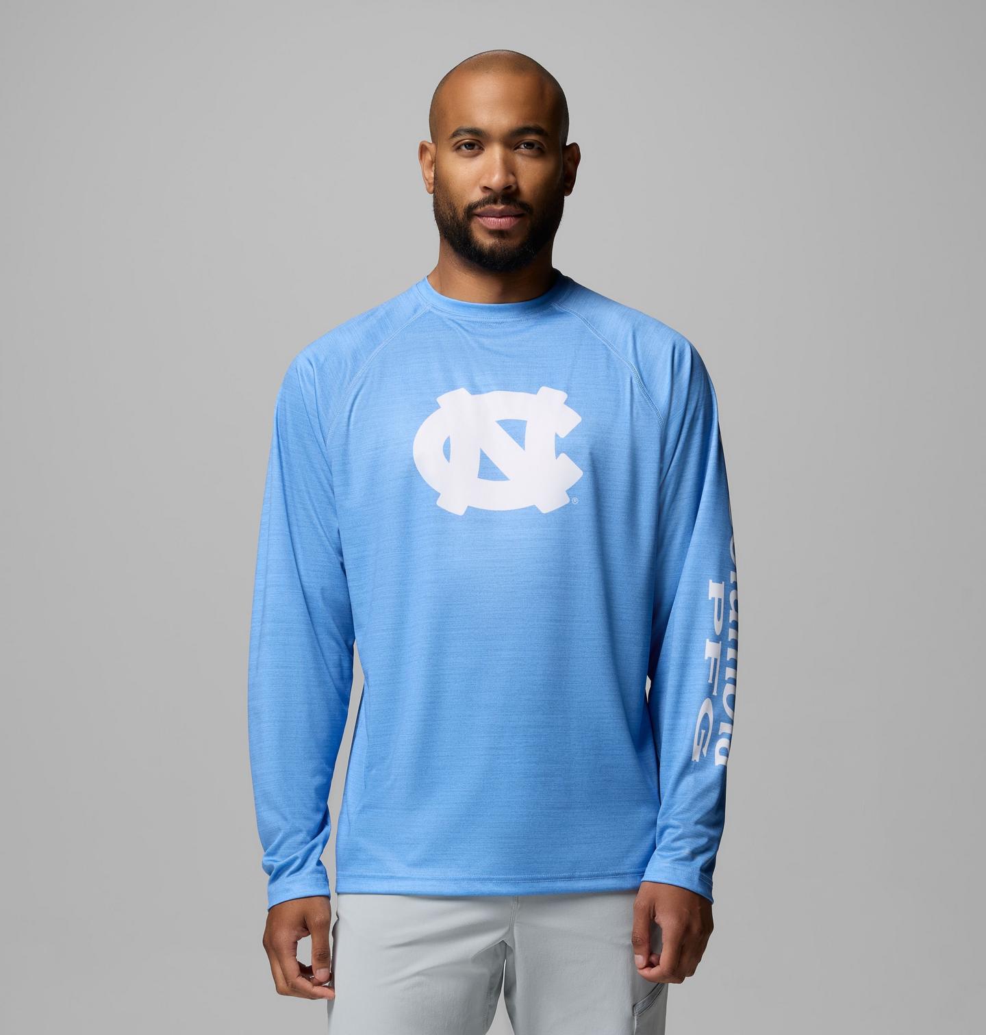 Мужская рубашка Columbia Collegiate PFG Terminal Tackle Heather Long Sleeve Shirt - North Carolina, цвет: Белый меланжевый — фото 1
